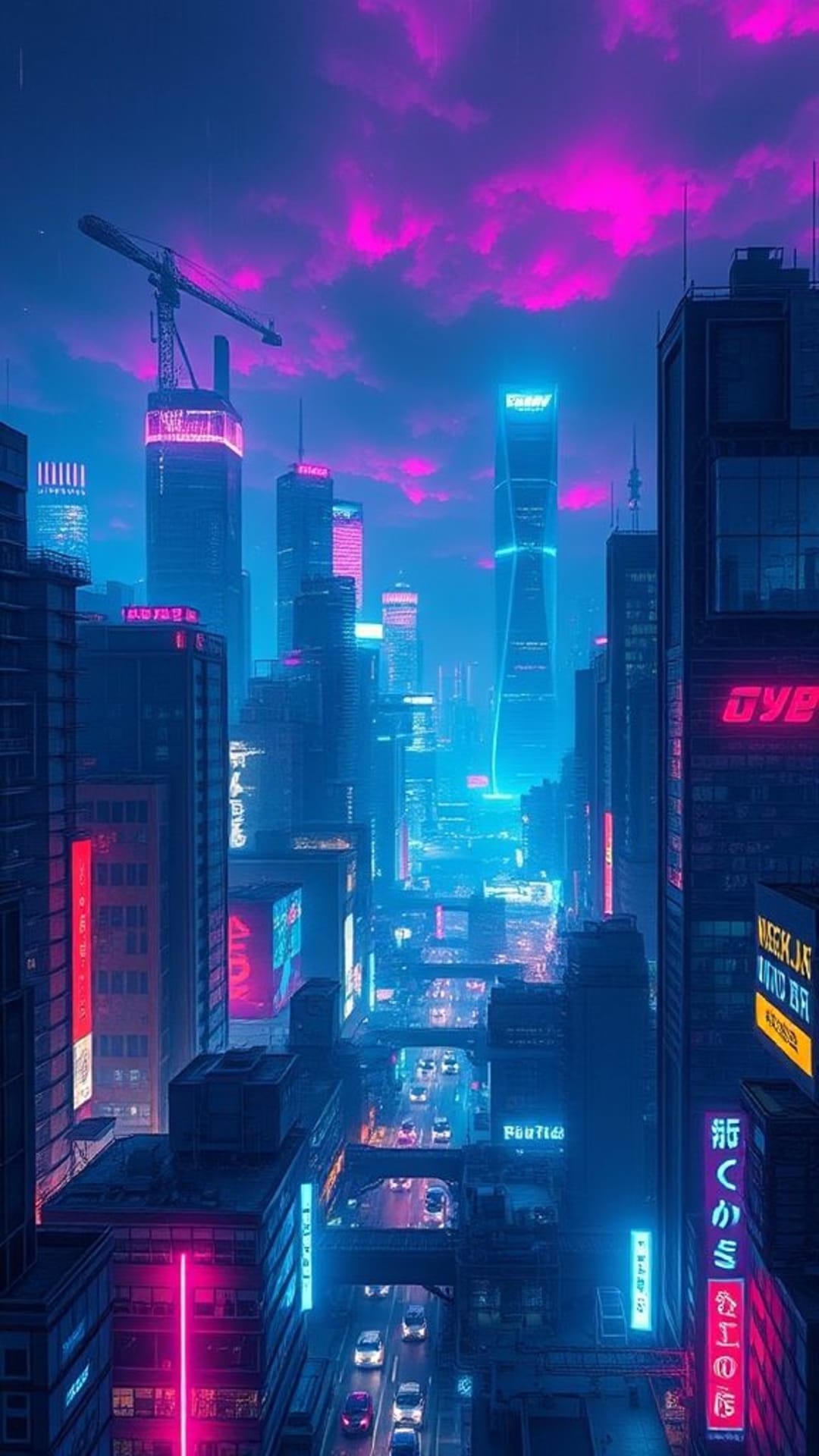 paesaggio urbano cyberpunk illuminato al neon città futuristica notturna vibrante arte digitale fantascienza skyline distopico tagliente luci brillante ispirato alla tecnologia caos visivo degrado urbano