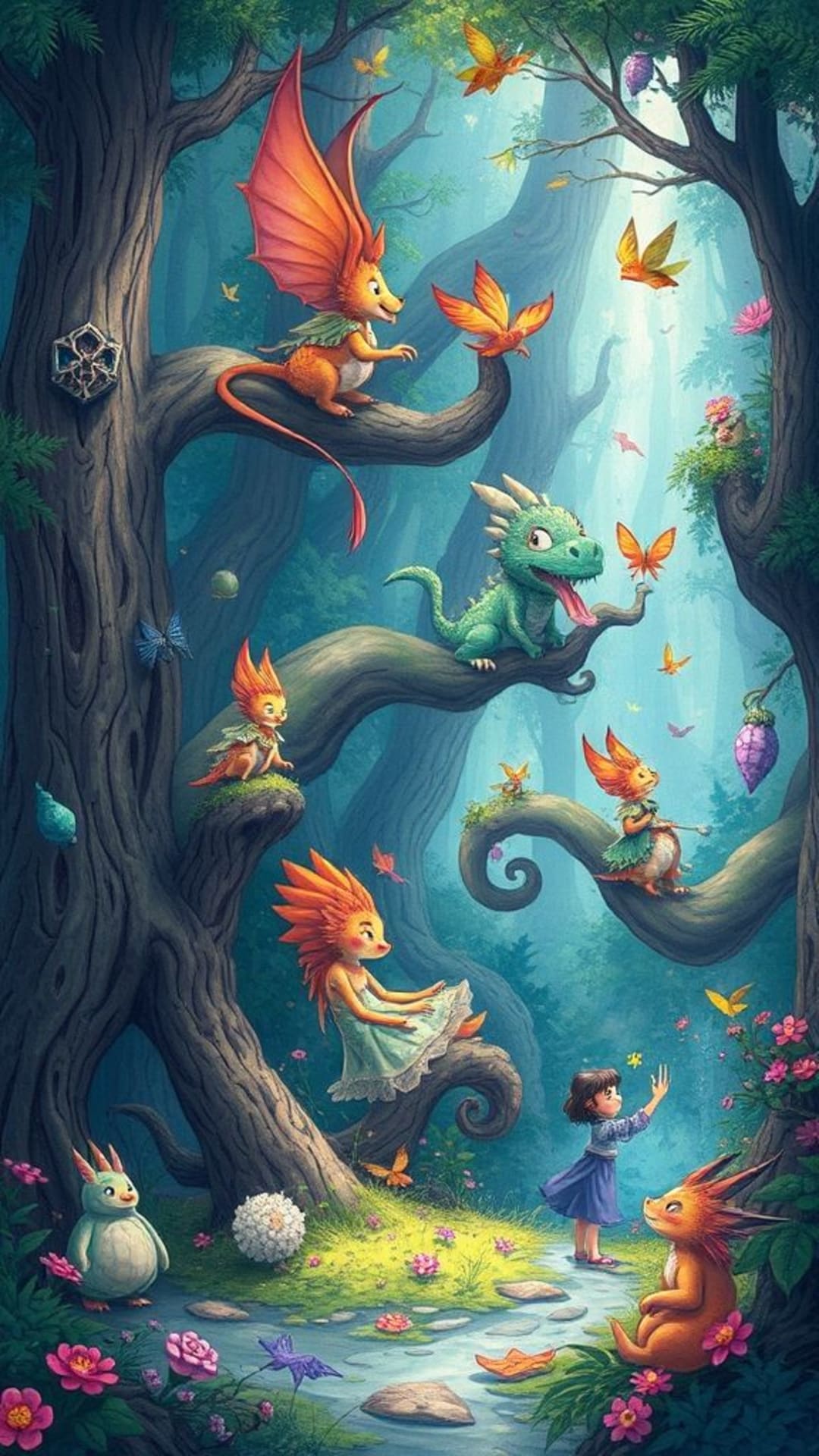 Creature fantastiche, foreste incantate, regni mistici, personaggi animati, mondi magici, scene fiabesche, illustrazioni fantasiose, ambienti onirici, illustrazioni colorate