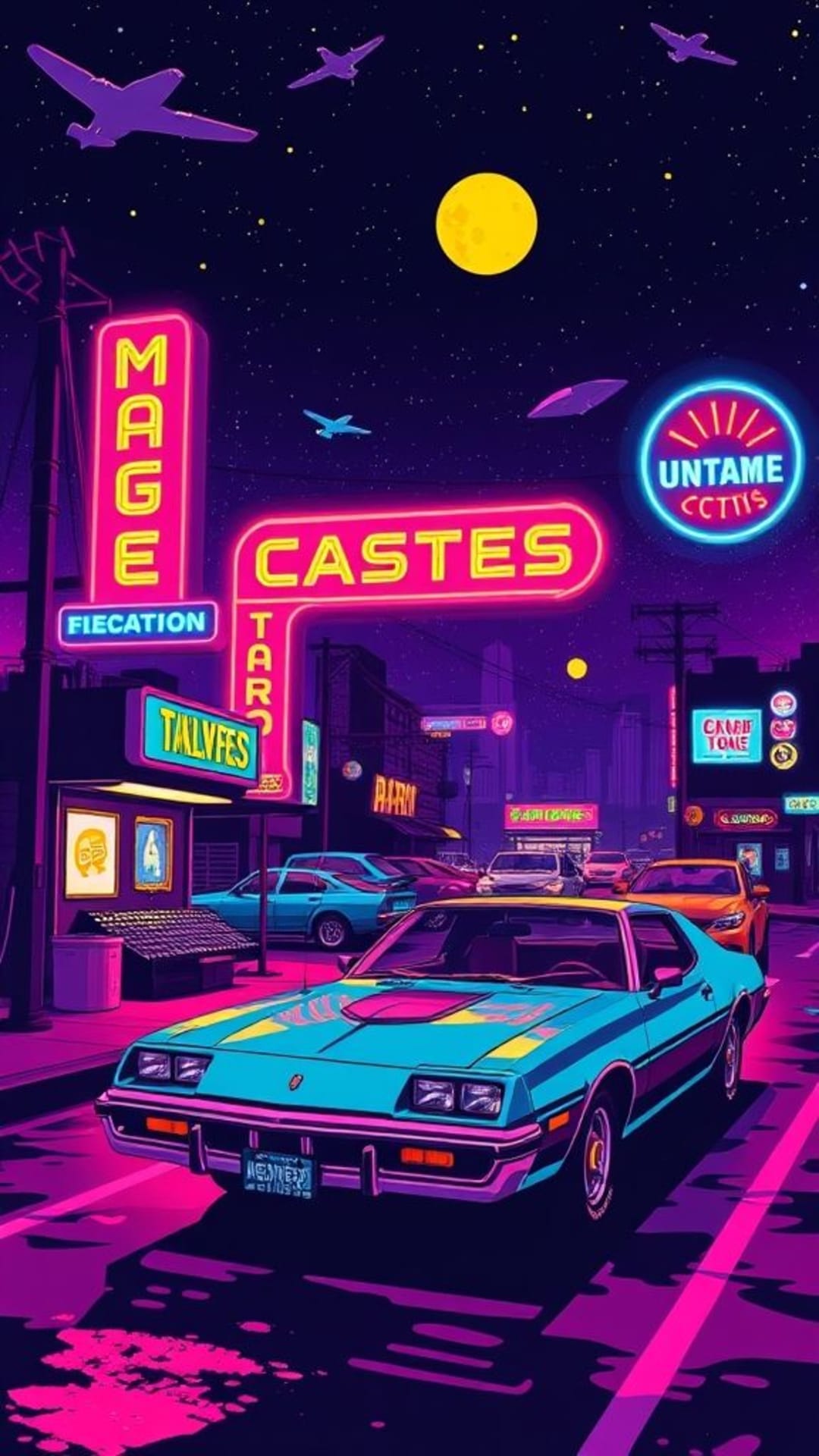 sponsali vintage degli anni 80 e 90, nostalgia, pixel art, grafica arcade, insegne al neon, automobili d'epoca, motivi nostalgici, tecnologia old-school, palette di colori vivaci