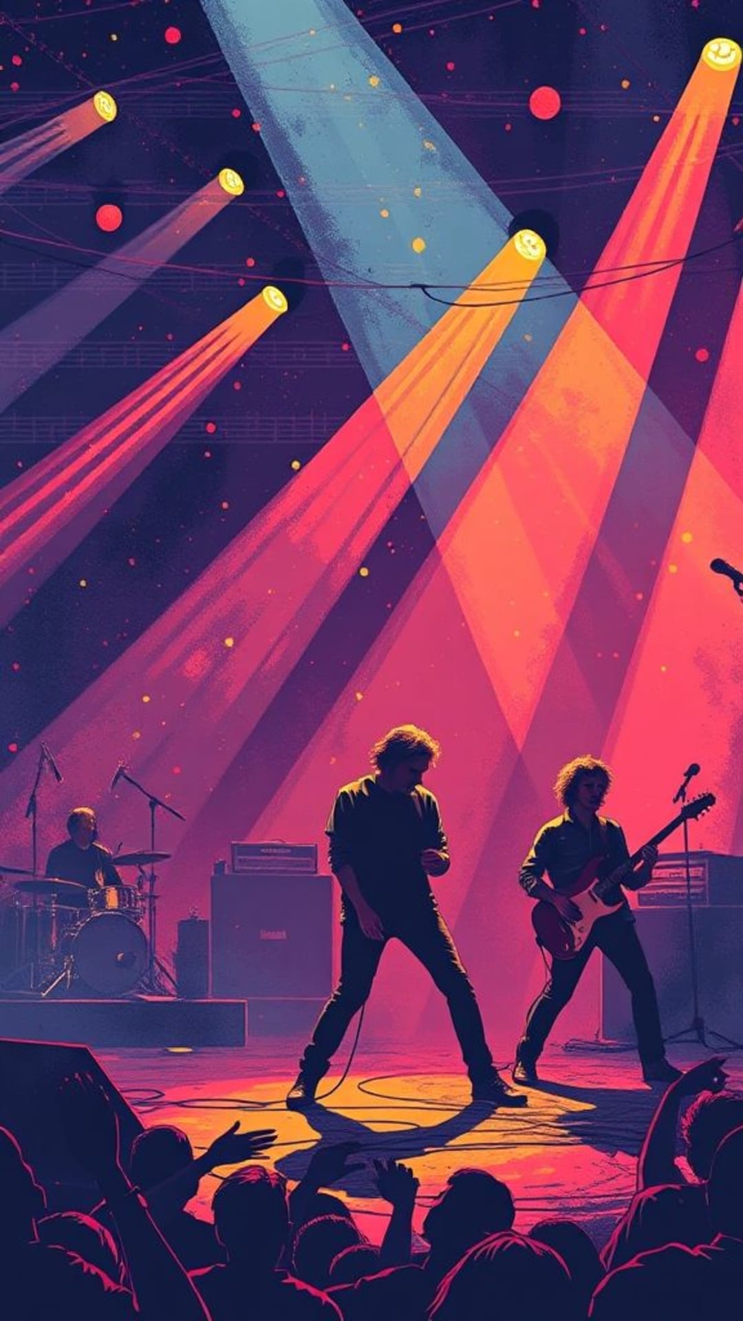 motivi di musica e band copertine di album strumenti musicali scene di concerto performance energiche design ispirati ai testi motivi vivaci visuali ritmiche