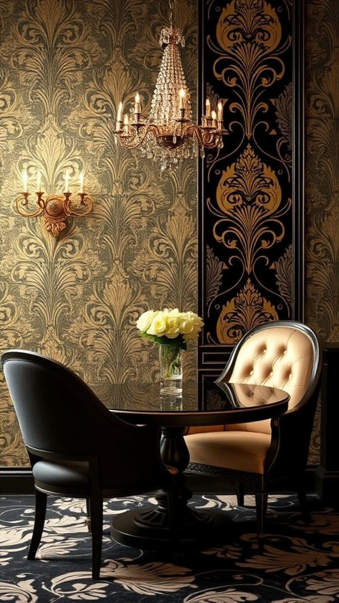 pareti con stile art déco e glamour vintage, dettagli riccamente decorati, motivi eleganti, motivi di lusso, motivi classici, glamour classico
