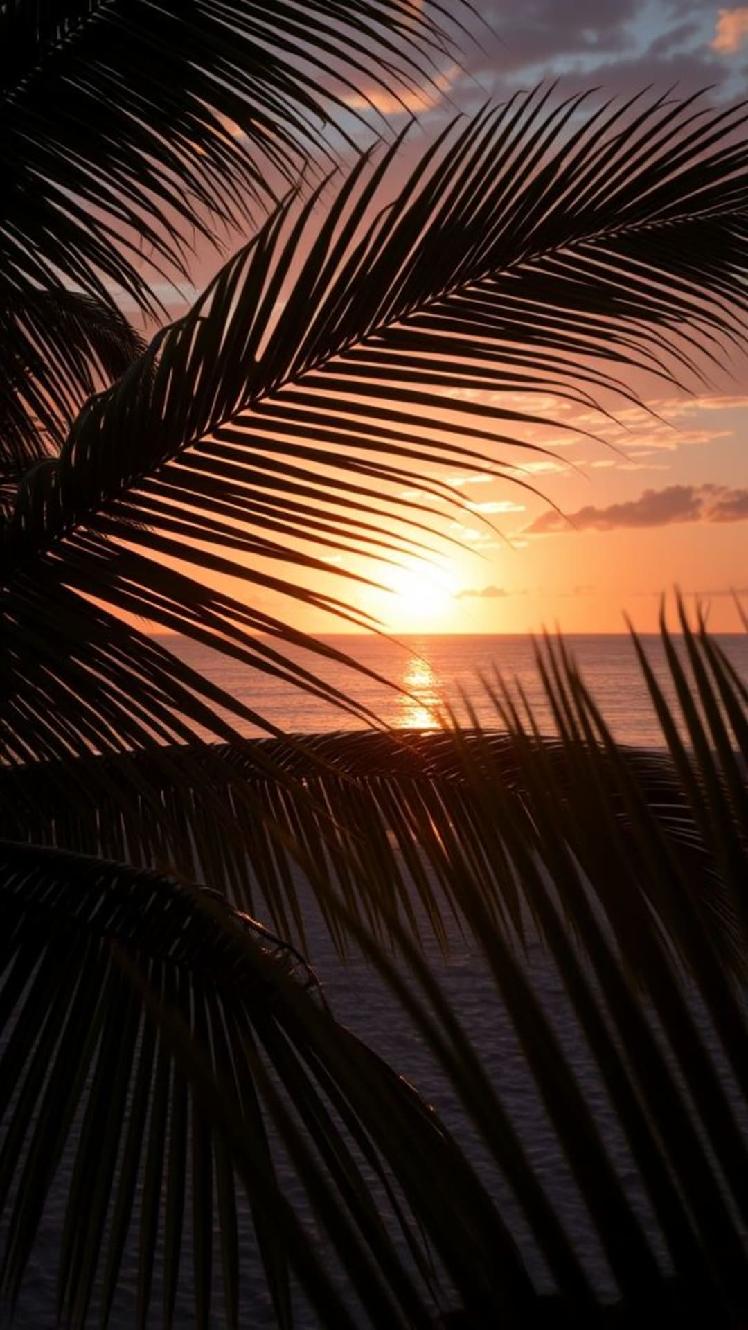 tramonto su spiaggia tropicale foglie di palma scena naturale calma rilassante