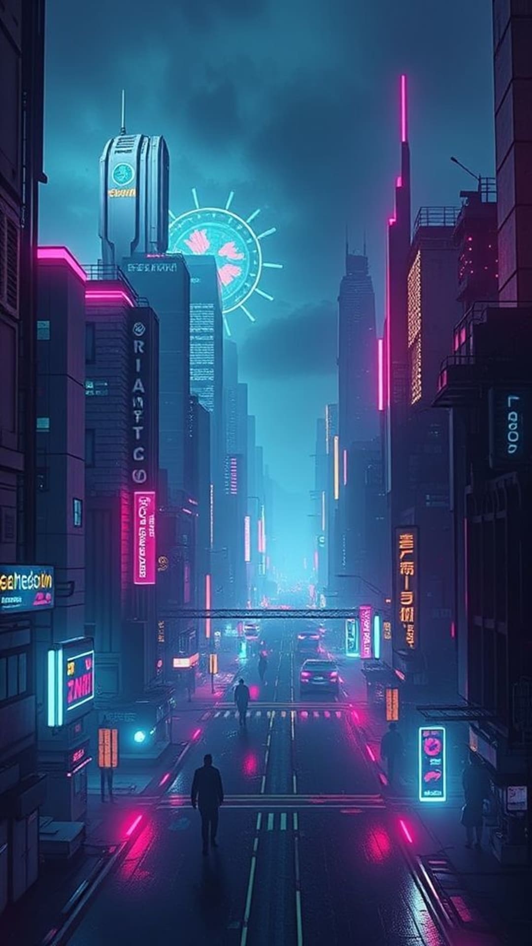 paesaggio urbano cyberpunk futuristico neon oscuro malinconico sfondo sci-fi