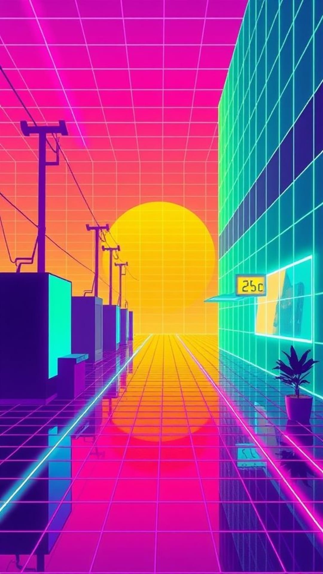 estetica neon grid synthwave anni 80 retro vivida carta da parati