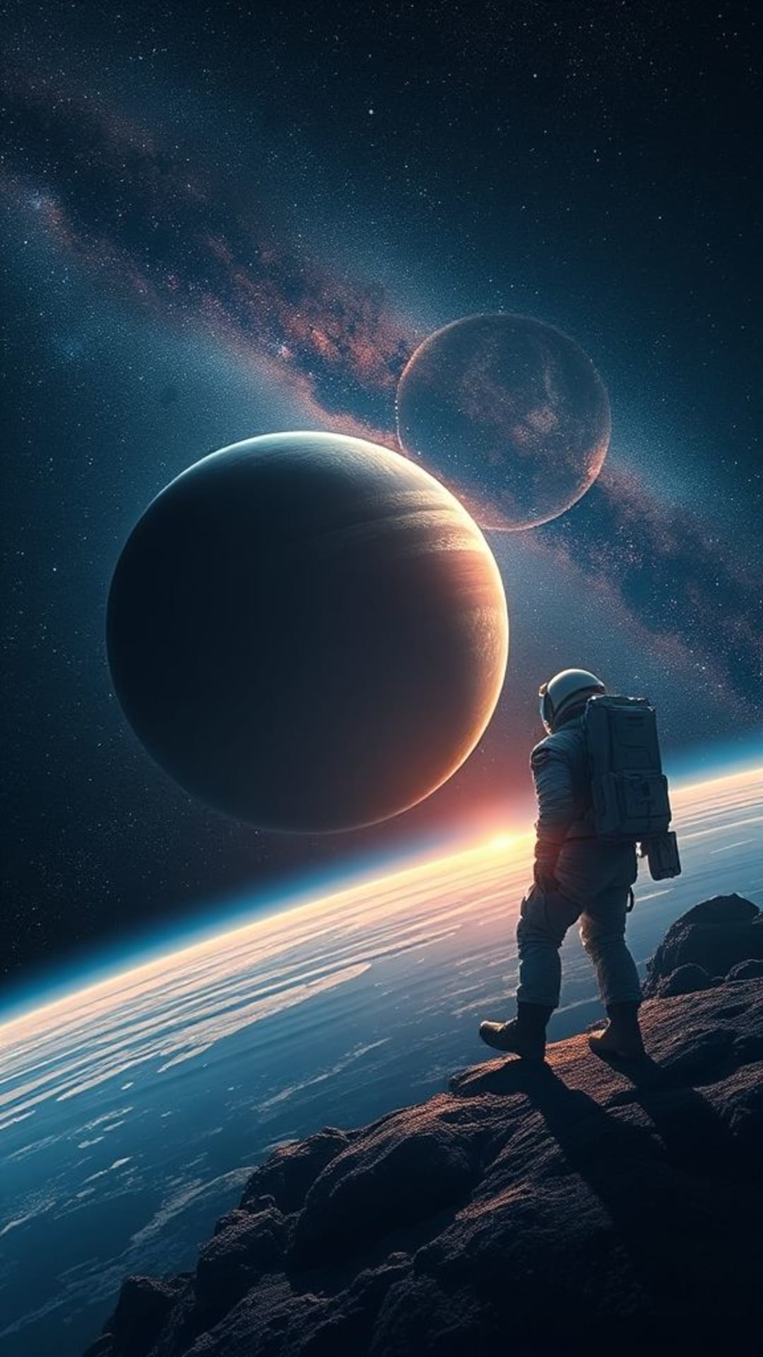 esplorazione spaziale astronauta pianeta lontano galassia sfondo