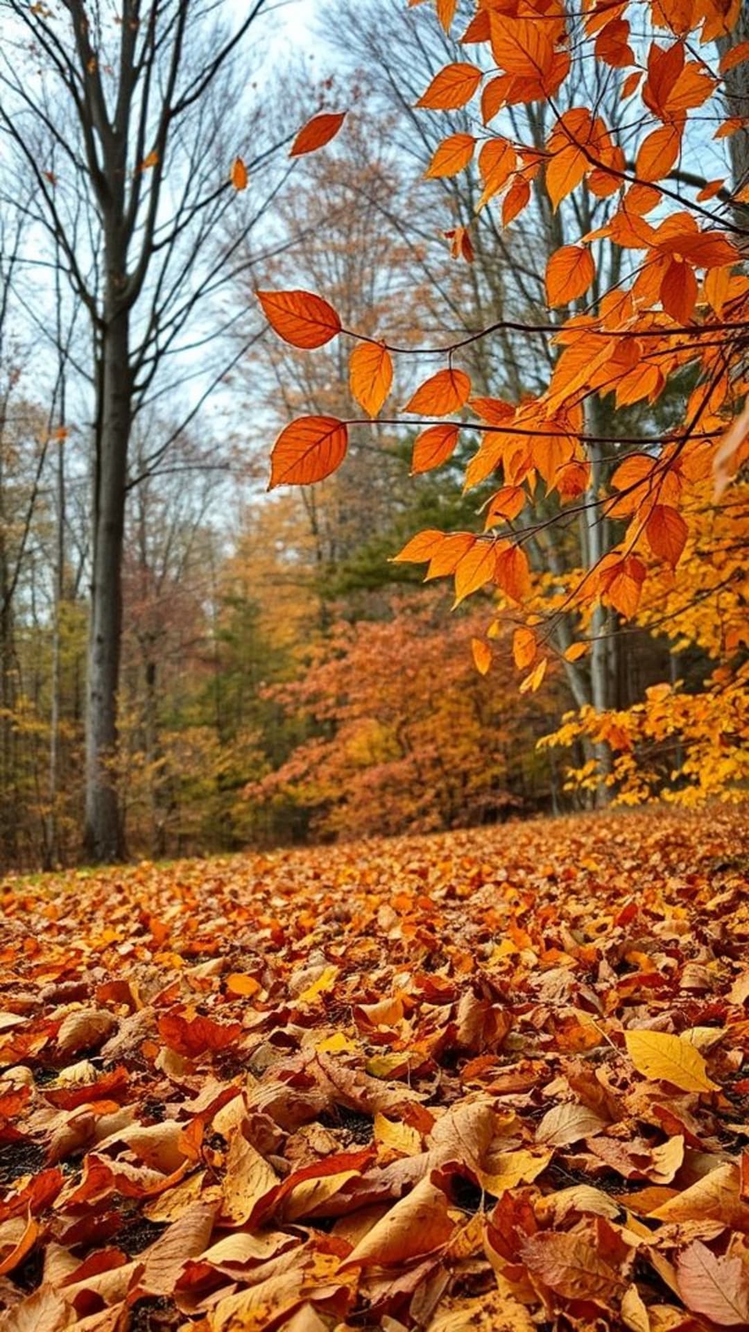 foglie autunnali che cadono arancioni sfondo rustico autunnale