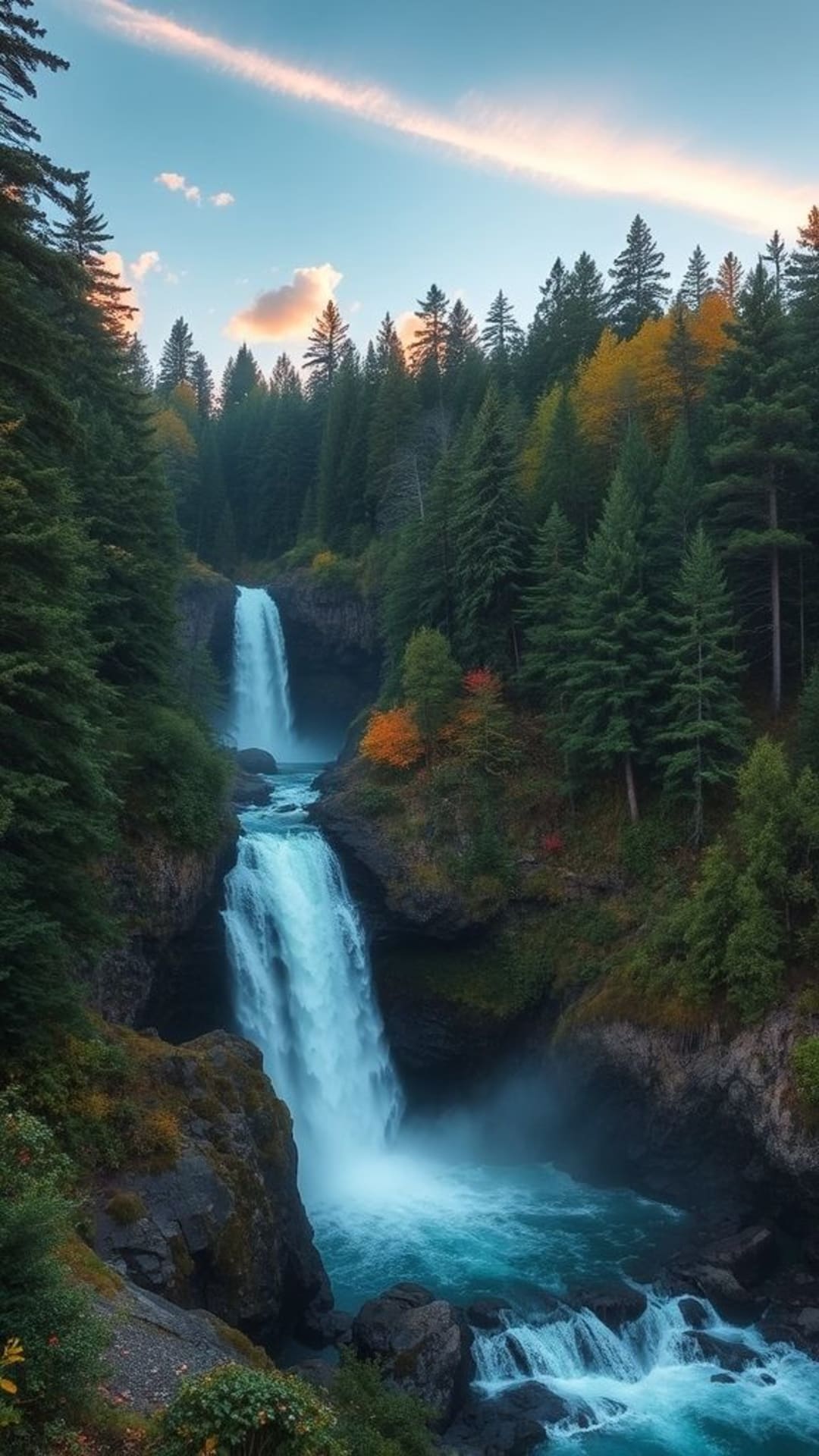 paesaggio sereno di foresta, cascata, alba, alba panoramica