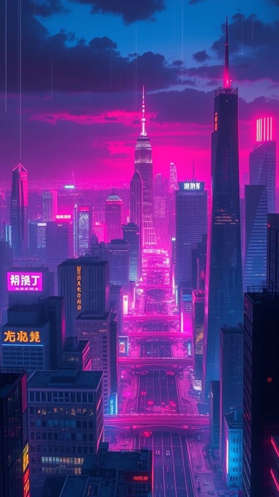 Paesaggio urbano futuristico con grattacieli neon di notte estetica cyberpunk