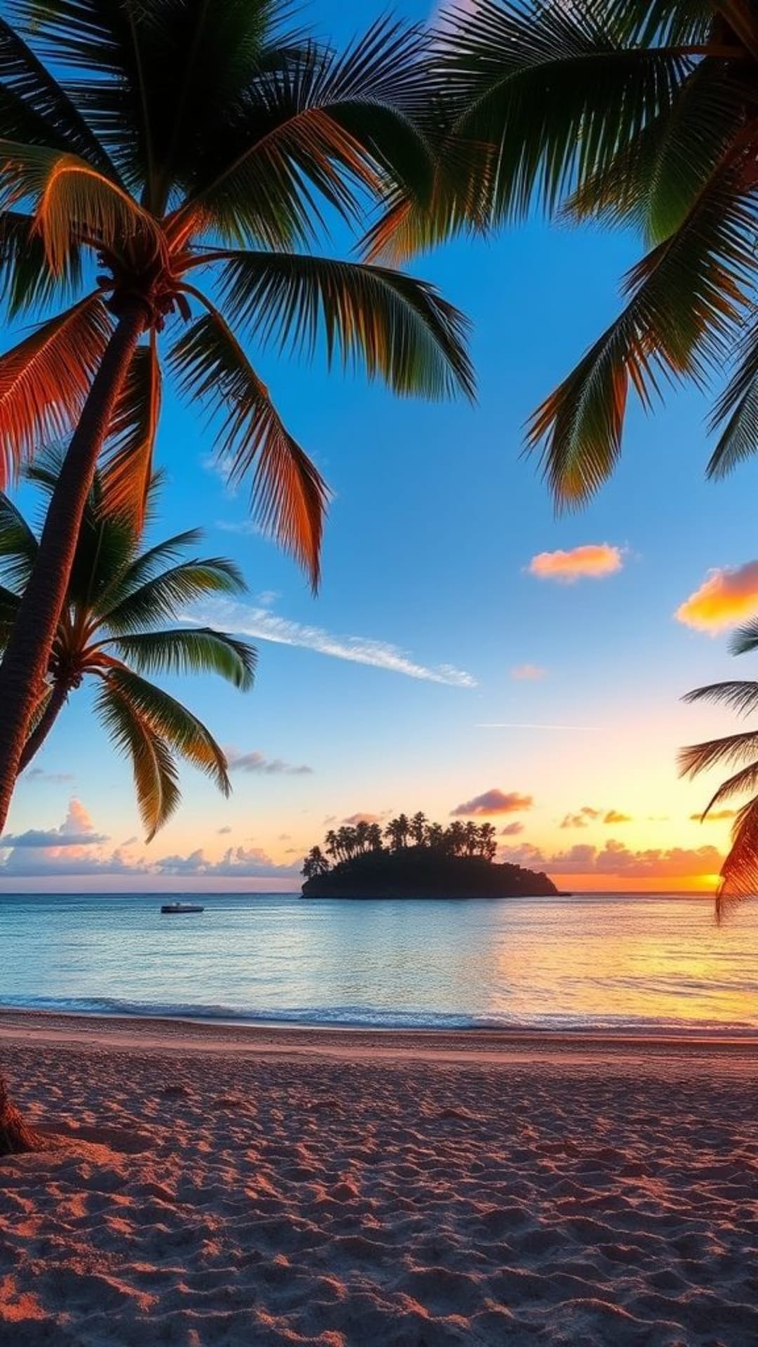 Spiaggia tropicale palme tramonto vista sull'oceano isola paradisiaca