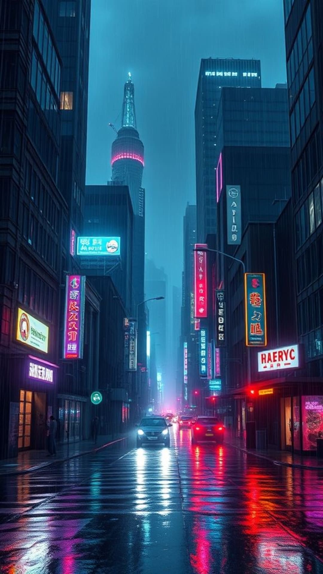 paesaggio urbano cyberpunk notturno luci al neon strade piovose urbano futuristico estetica oscura noir tecnologico