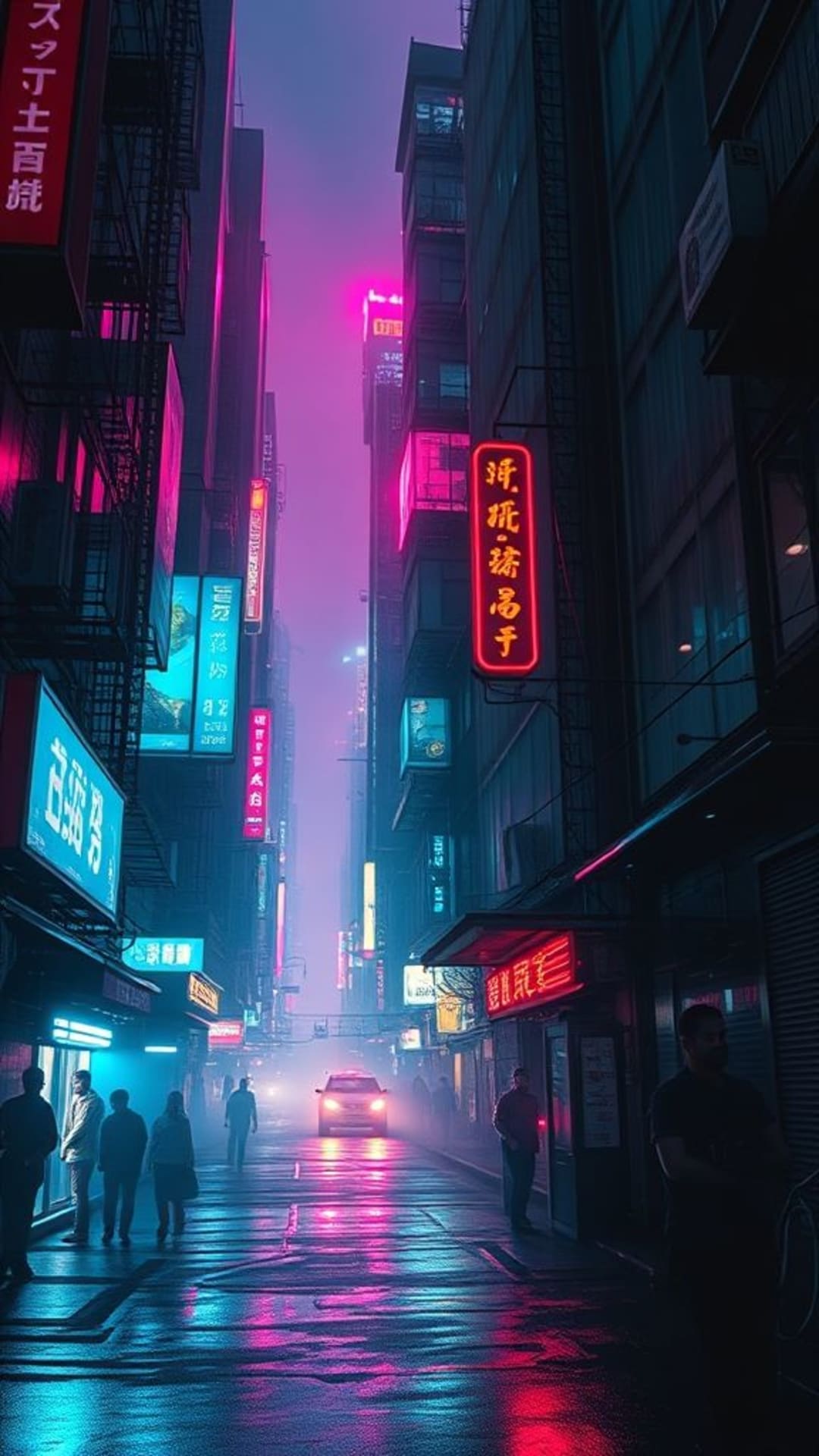 Città cyberpunk distopica luci al neon brillanti vicolo oscuro