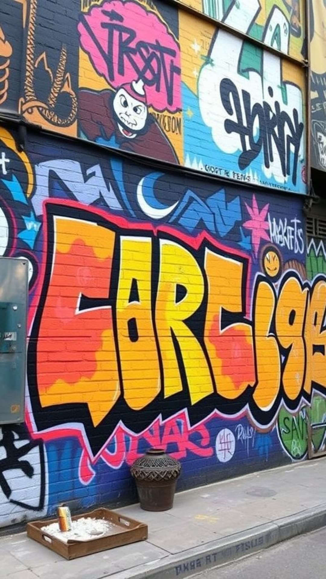 Arte di strada urbana con graffiti, murales colorati