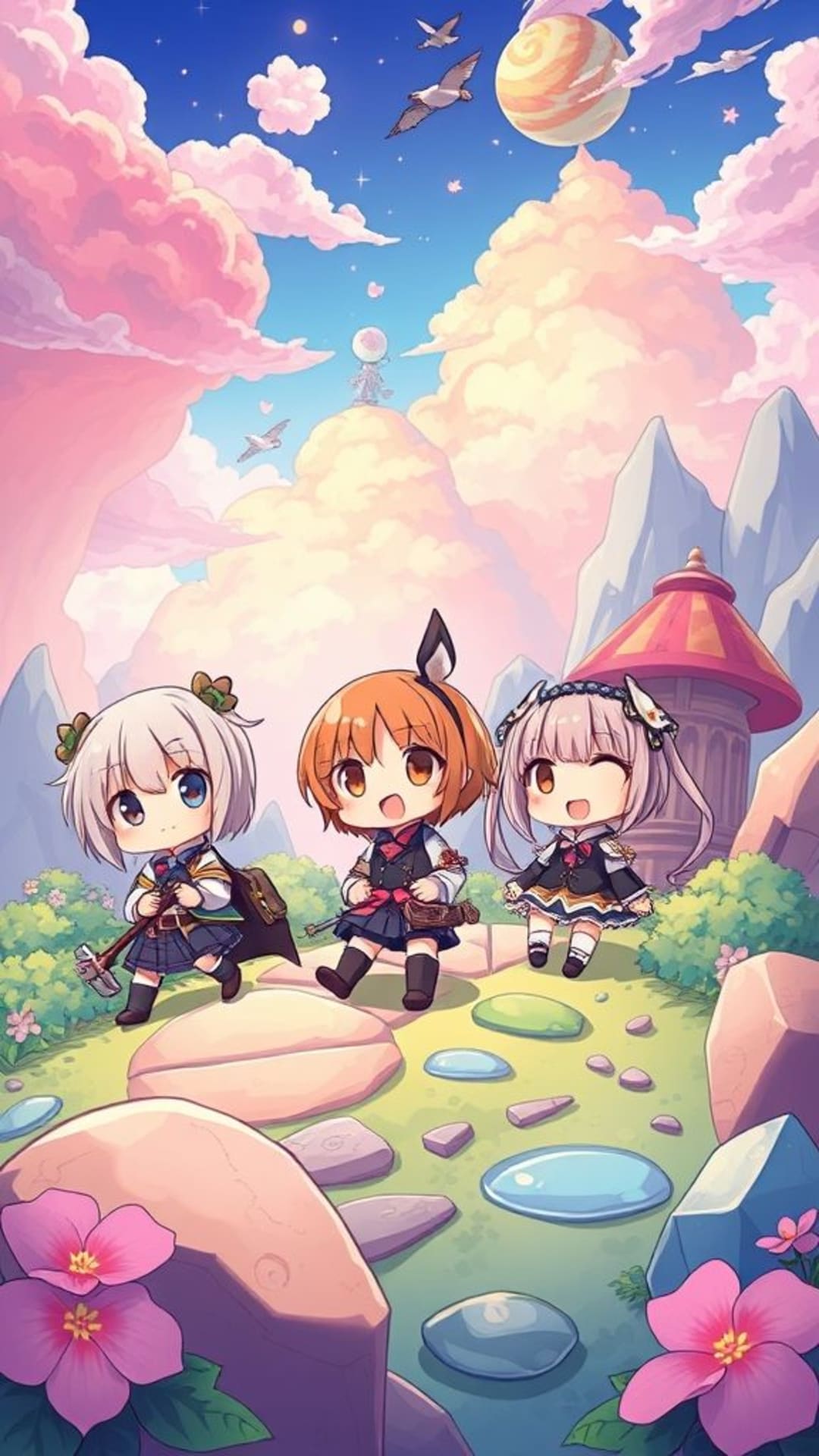 Personaggi manga chibi, colorati, avventura fantastica, mondo carino kawaii, illustrazione vivace sfondo