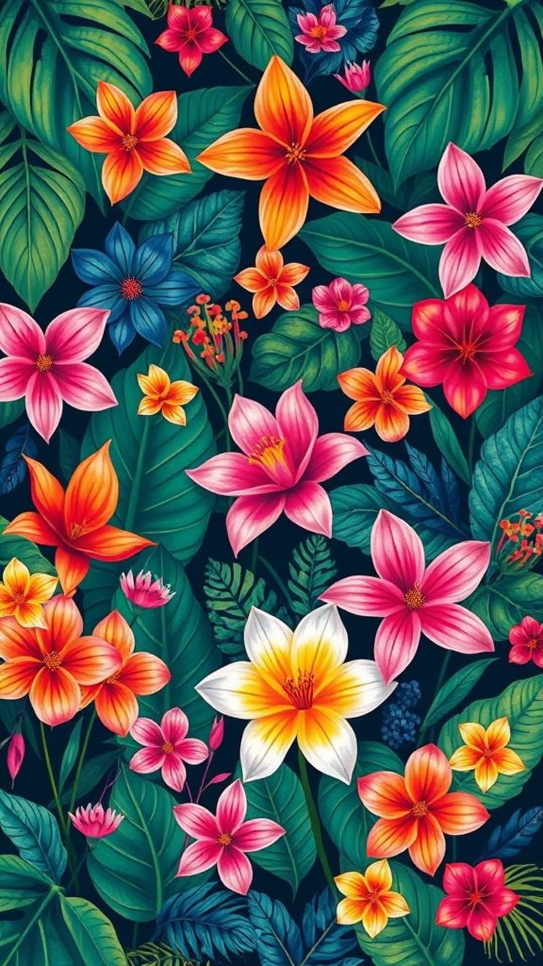 Giardino botanico lussureggiante fra vegetazione tropicale giungla fiorita fiori vivaci natura ispirata motivo colorato petali delicati