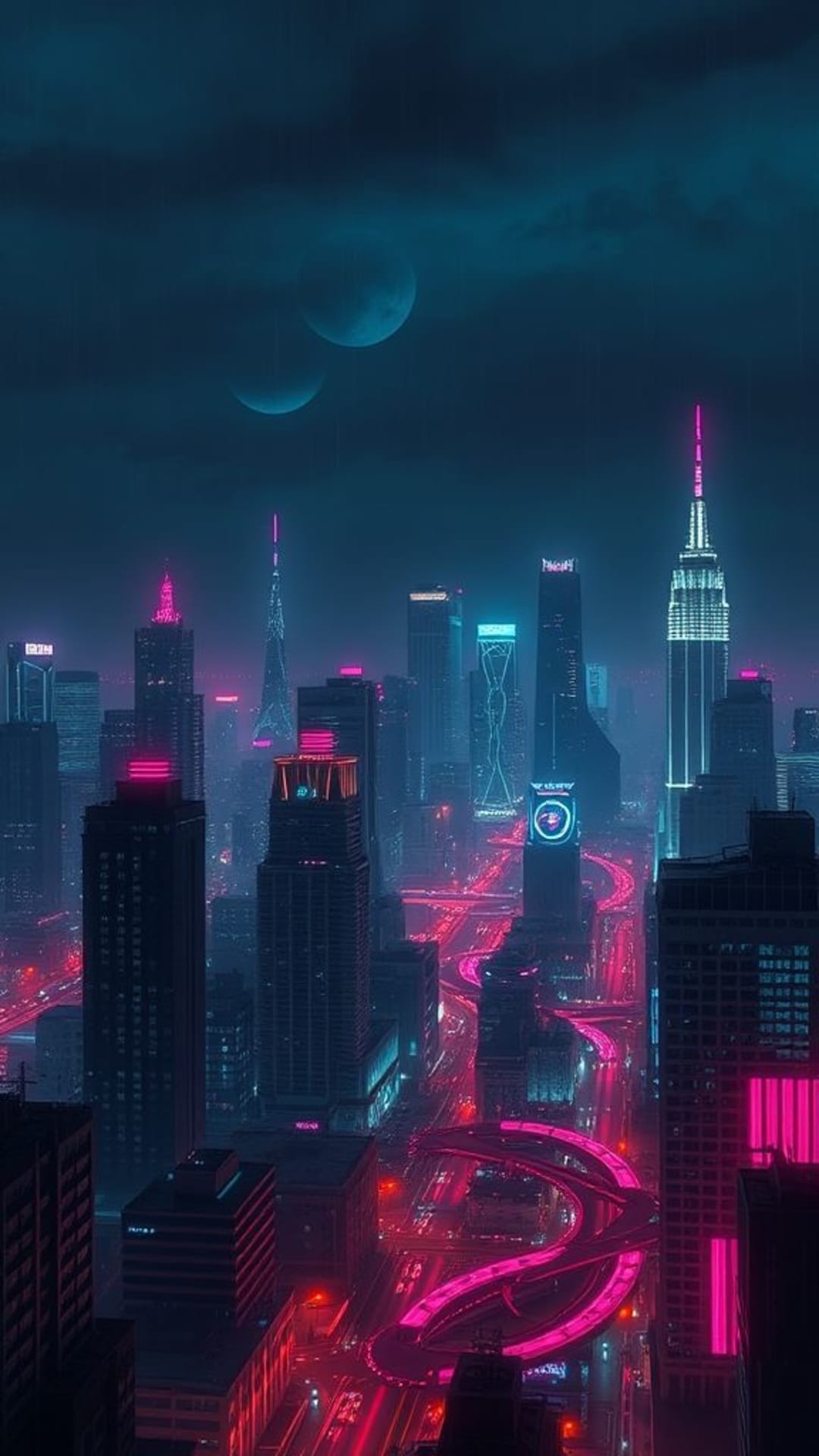 Paesaggio urbano futuristico cyberpunk con luci al neon notturne, skyline high-tech distopico, estetica scura e intensa