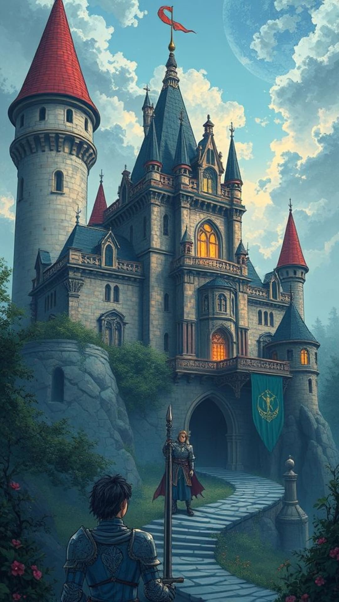 Castello fantastico favola medievale cavaliere principessa regno magico onirico mistico incantato illustrazione