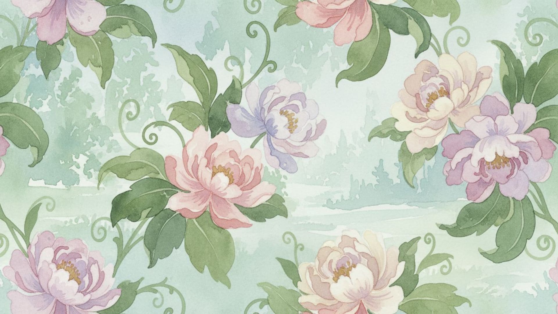 fond ecran floral et naturel, aquarelle, pastel doux, motif botanique, paysage naturel, gros plan sur les pétales, textures organiques, verdure luxuriante, arrière-plan serein
