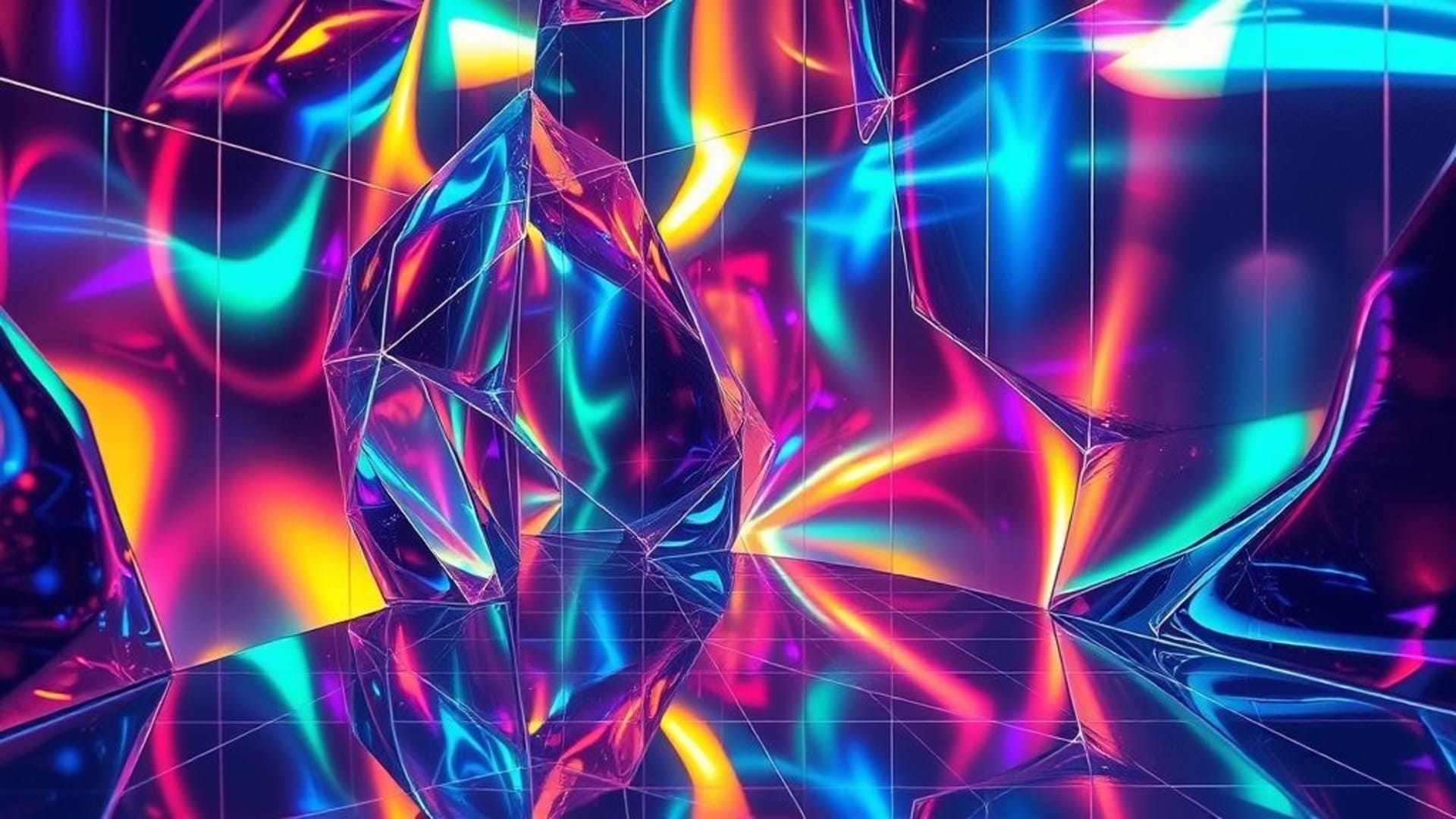 fond ecran holographique futuriste en chrome et verre avec reflets de lumière et style techno artistique