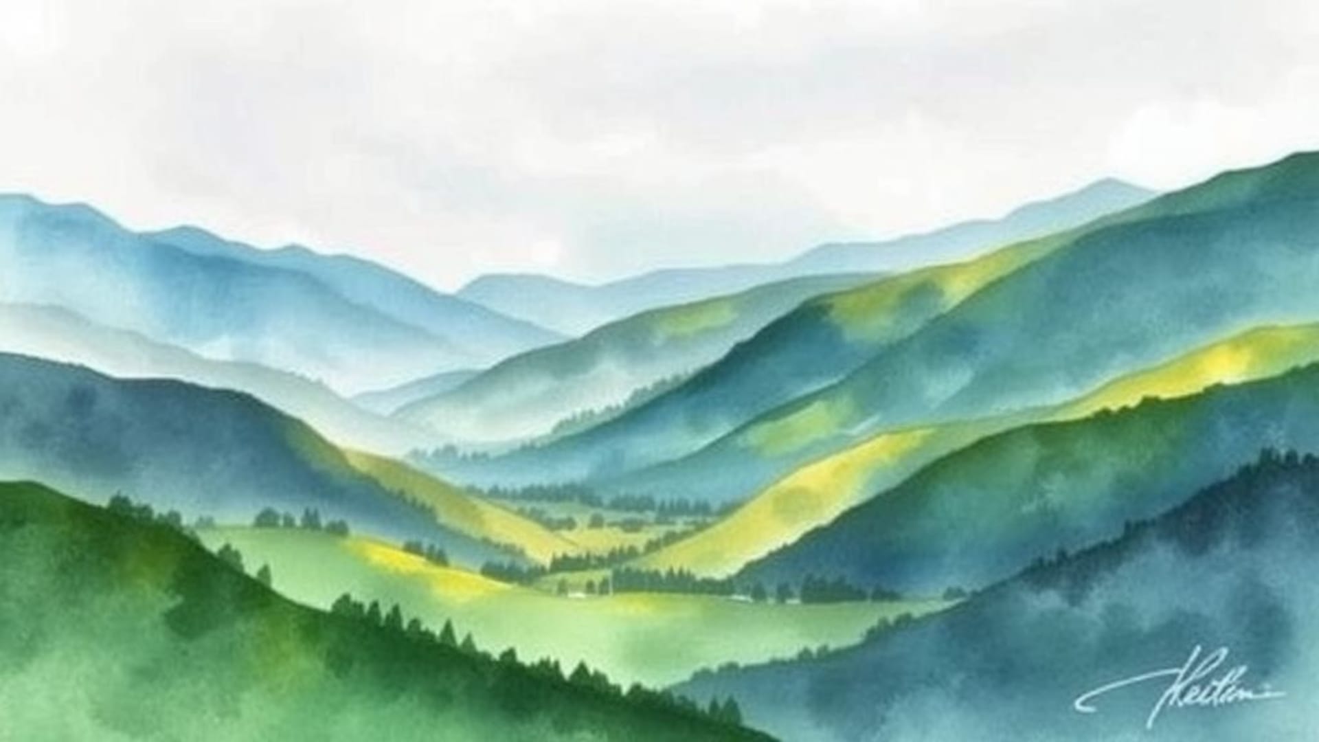 Peinture à l'aquarelle paysagiste collines vallée calme sereine fond ecran pour bureau