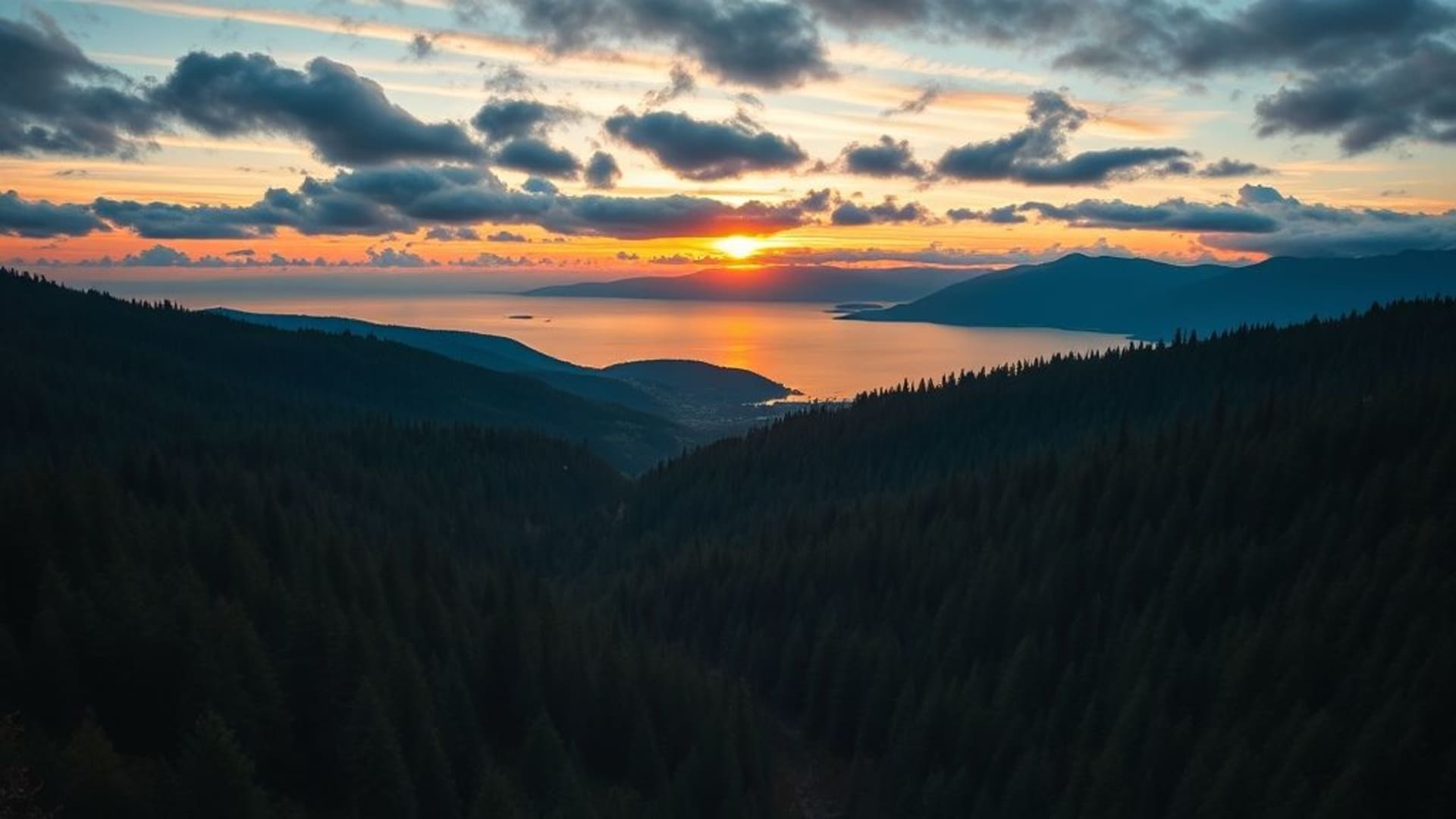 fond ecran panoramique de paysage naturel 4k forêt lever de soleil montagnes océan ciel nuages rêveur néon