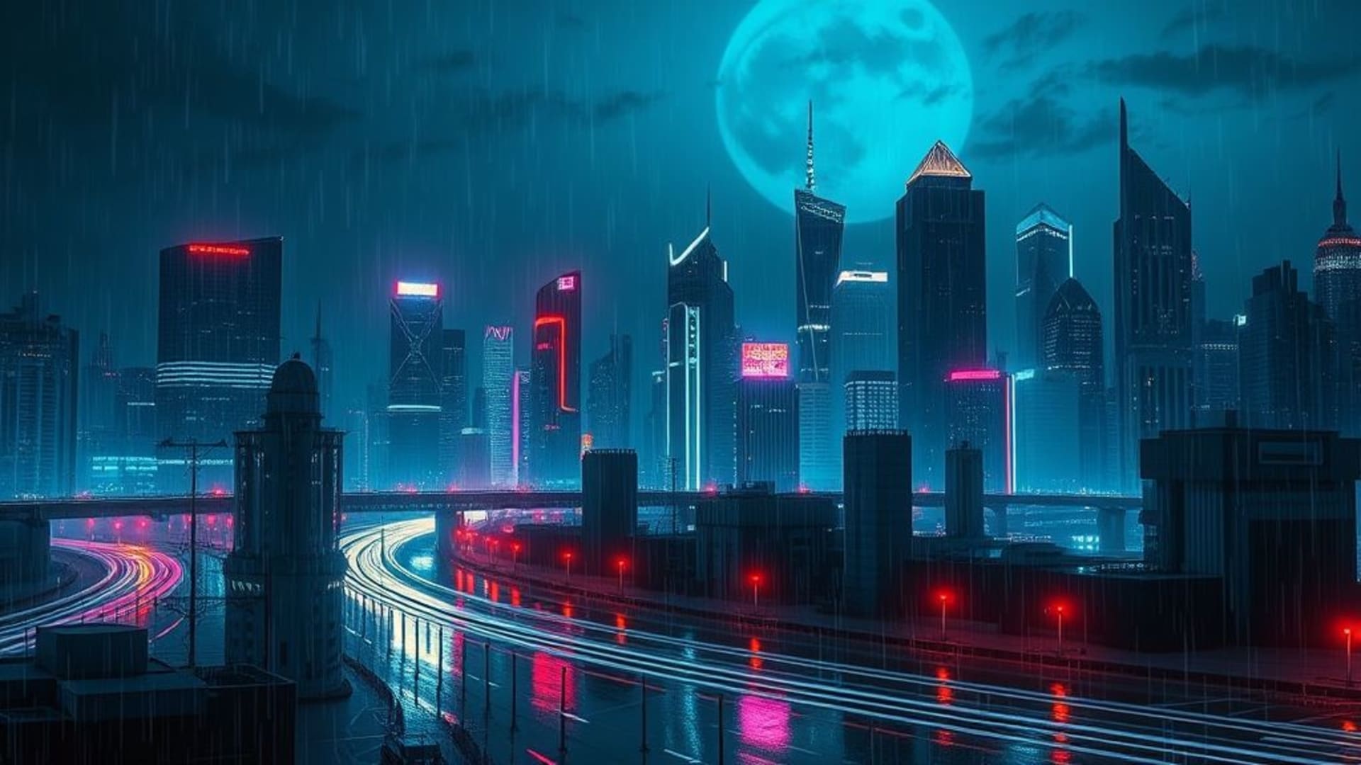 paysage urbain cyberpunk néon pluie nuit horizon futuriste holographique reflets sombre atmosphérique