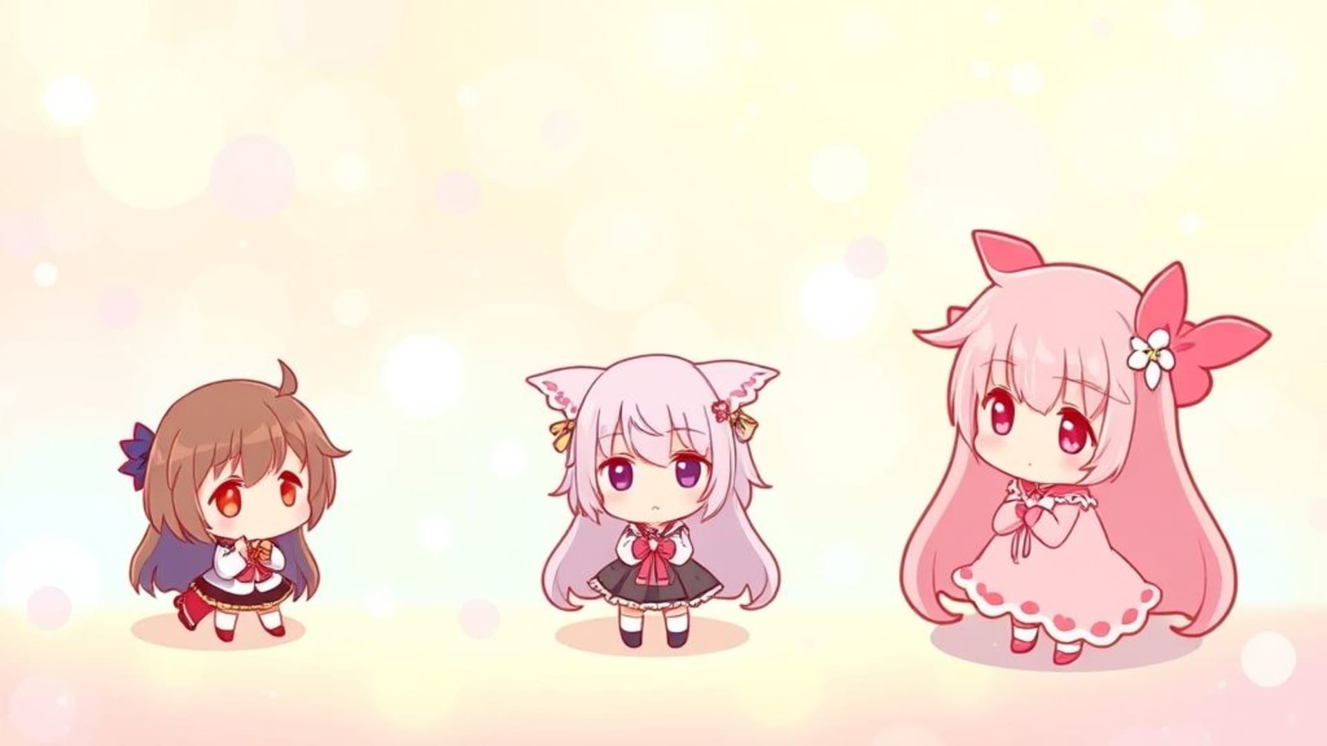 anime chibi kawaii fond pastel arc-en-ciel personnages doux éclairage magique wallpaper mignons