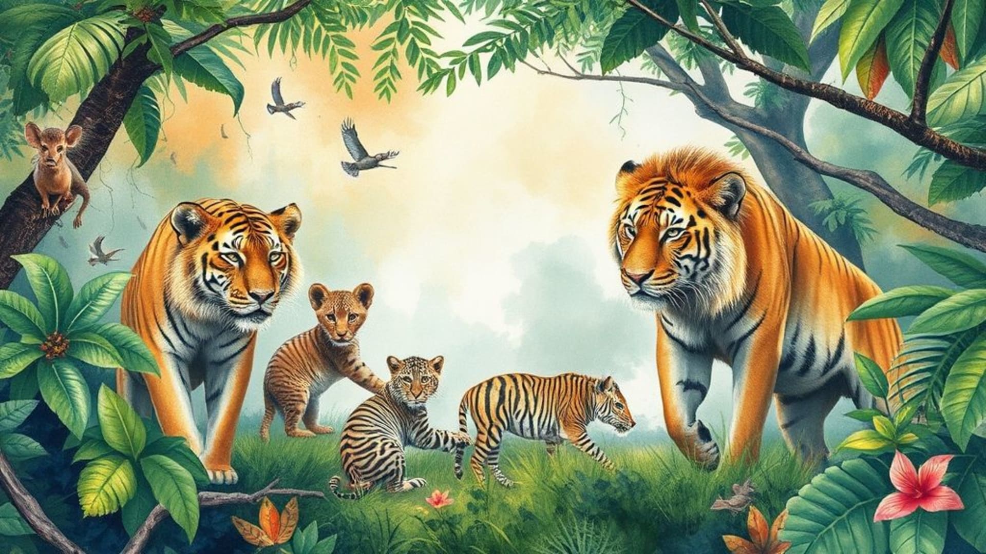 faune sauvages animaux safari jungle aquarelle fond ecran réaliste vif textures couleurs