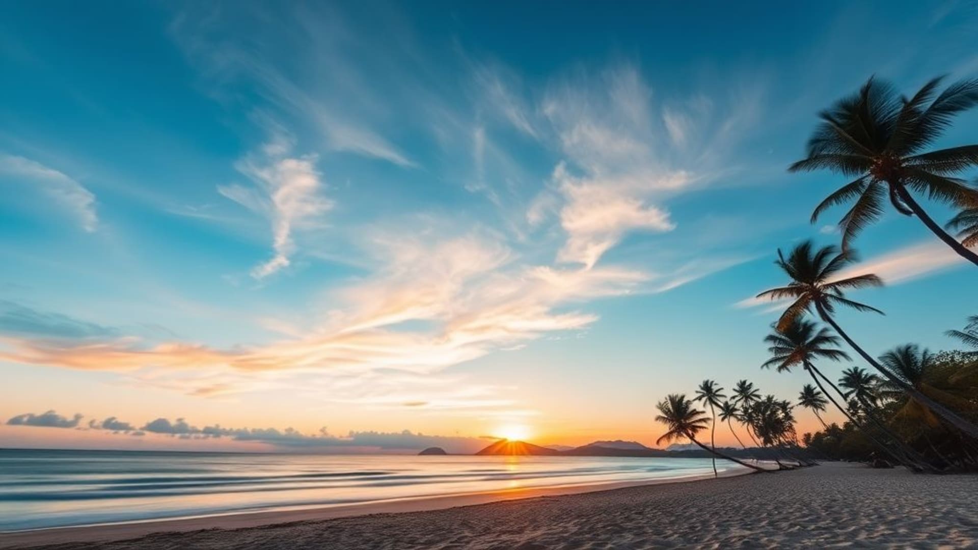 plage au coucher du soleil palmiers photographie longue exposition fond ecran ambiance tropicale
