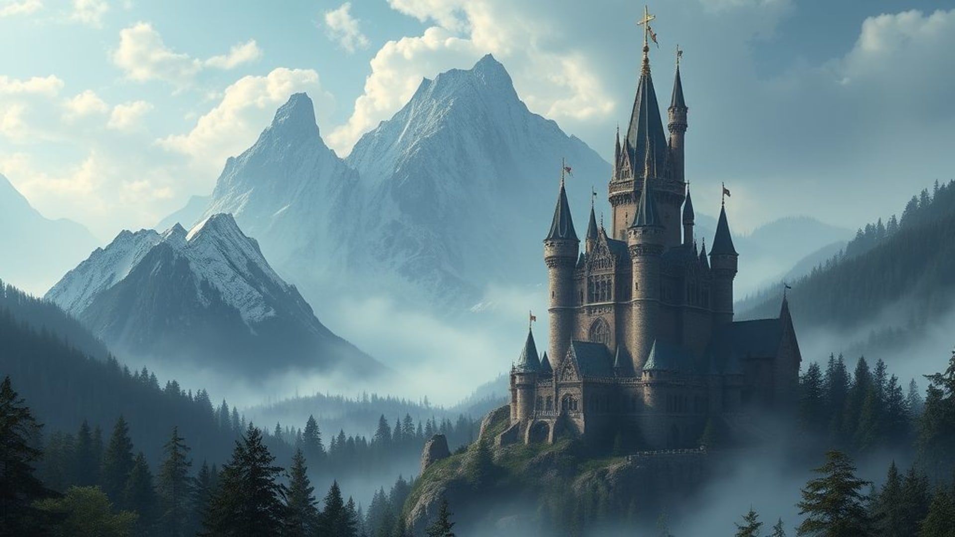 Château fantastique montagnes brume forêt enchantée art épique fond ecran fantasy haute