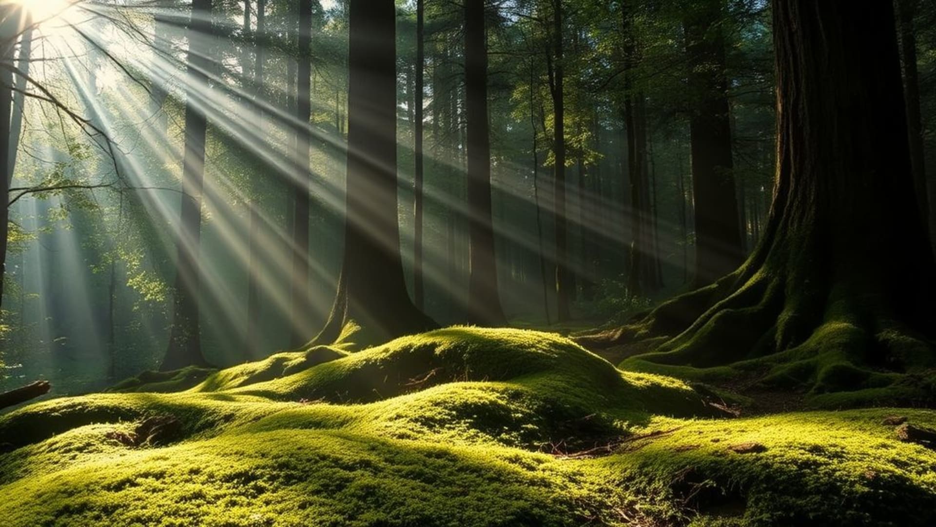 mousse du sol de la forêt rayons de soleil art numérique fond d'écran nature formes abstraites