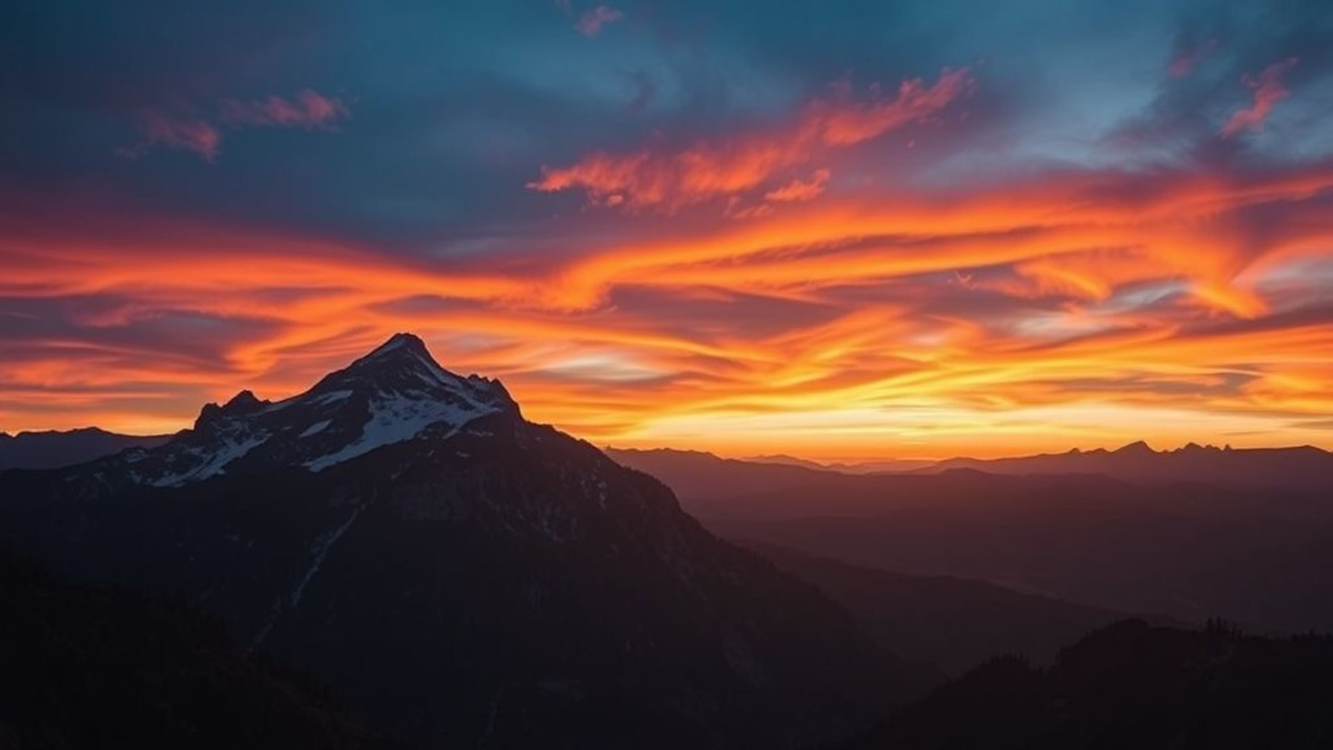 Paysage de montagne au crépuscule, heure dorée, ciel dramatique, reflet néon, serein