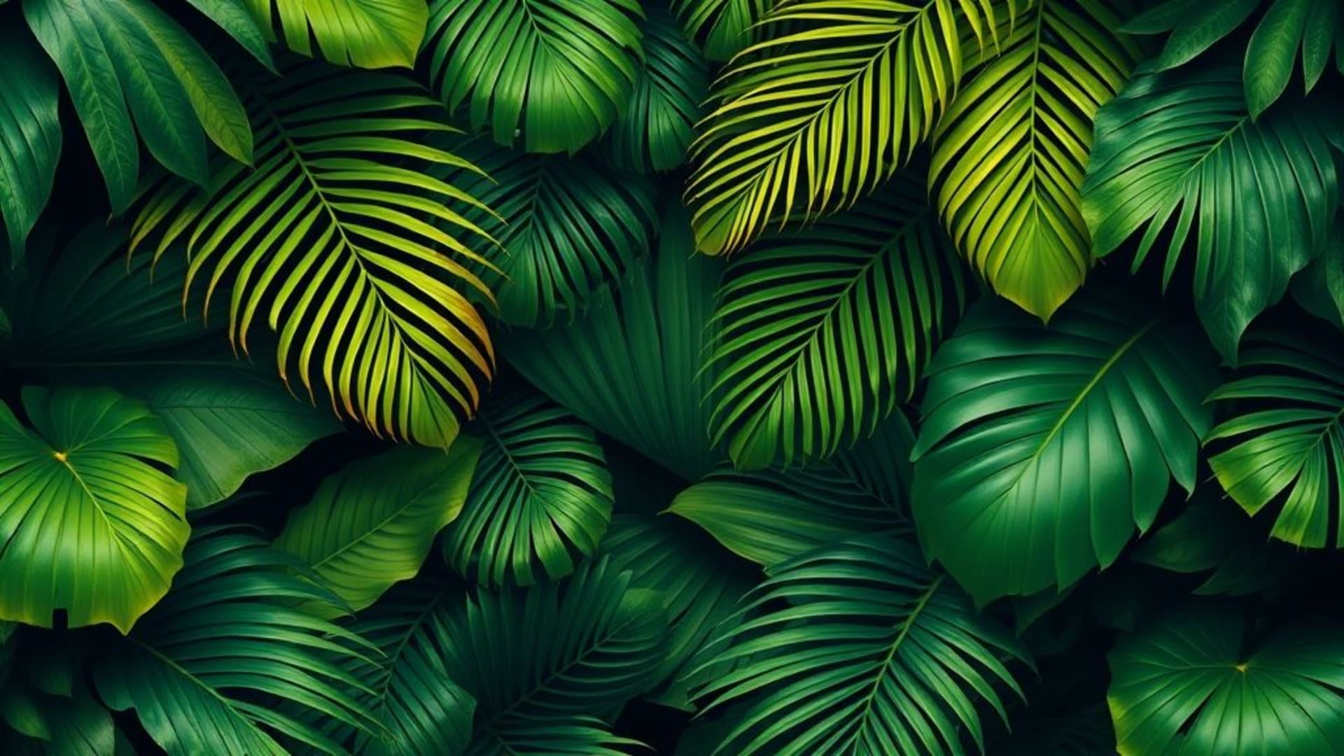 fond ecran de feuilles tropicales botanique palmier forêt pluviale luxuriant vert vif texture riche
