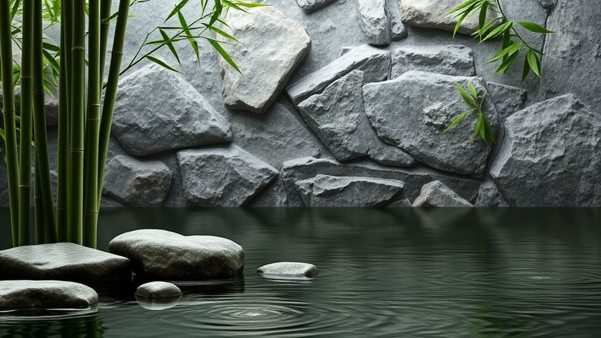 fond d'écran zen inspiré, calme, spa, textures de bambou et d'eau, fond en pierre