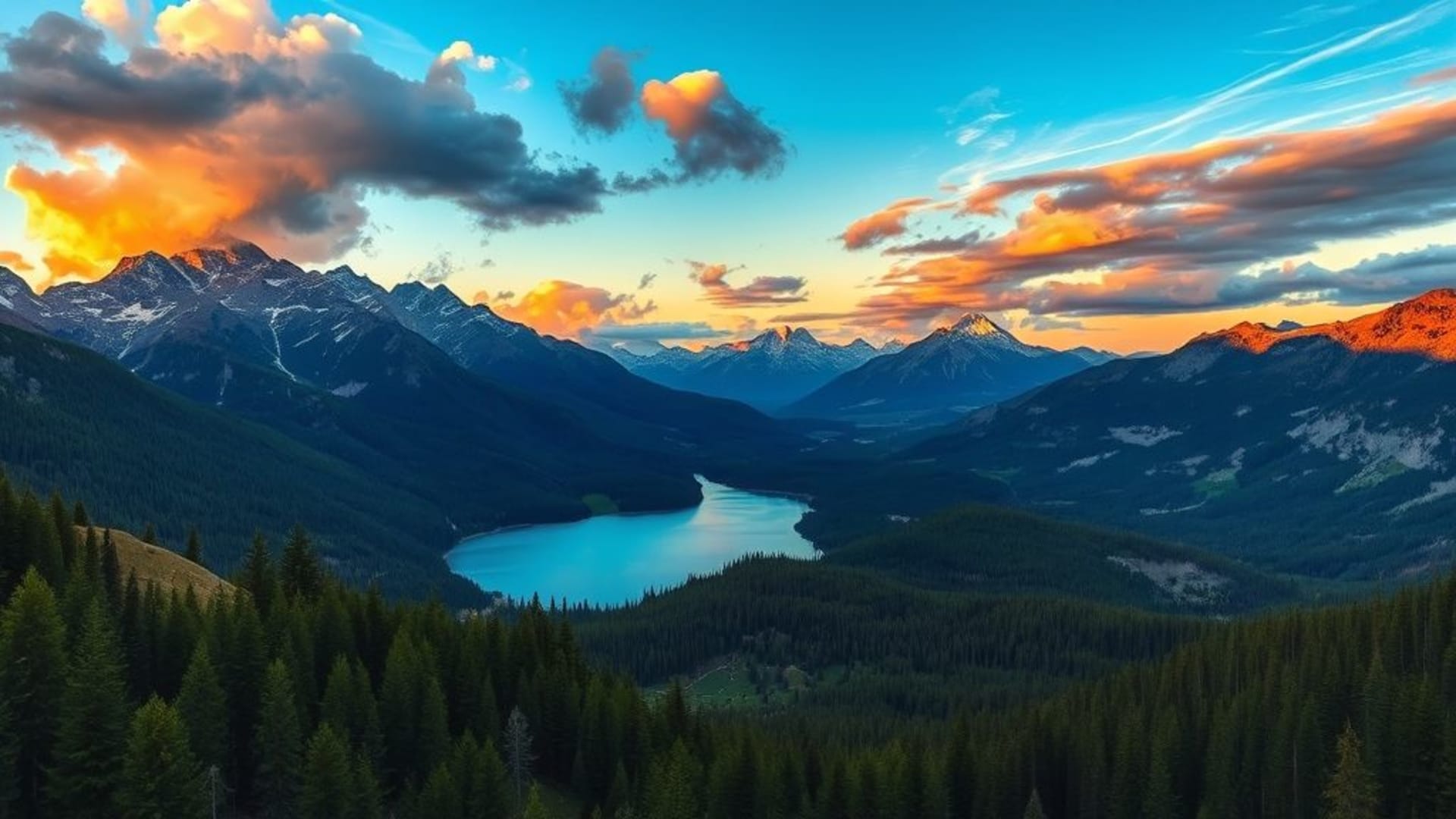 montagnes lever du soleil lac fond d'écran HDR nature paysage couleurs vives scène nuages forêt textures motifs géométriques