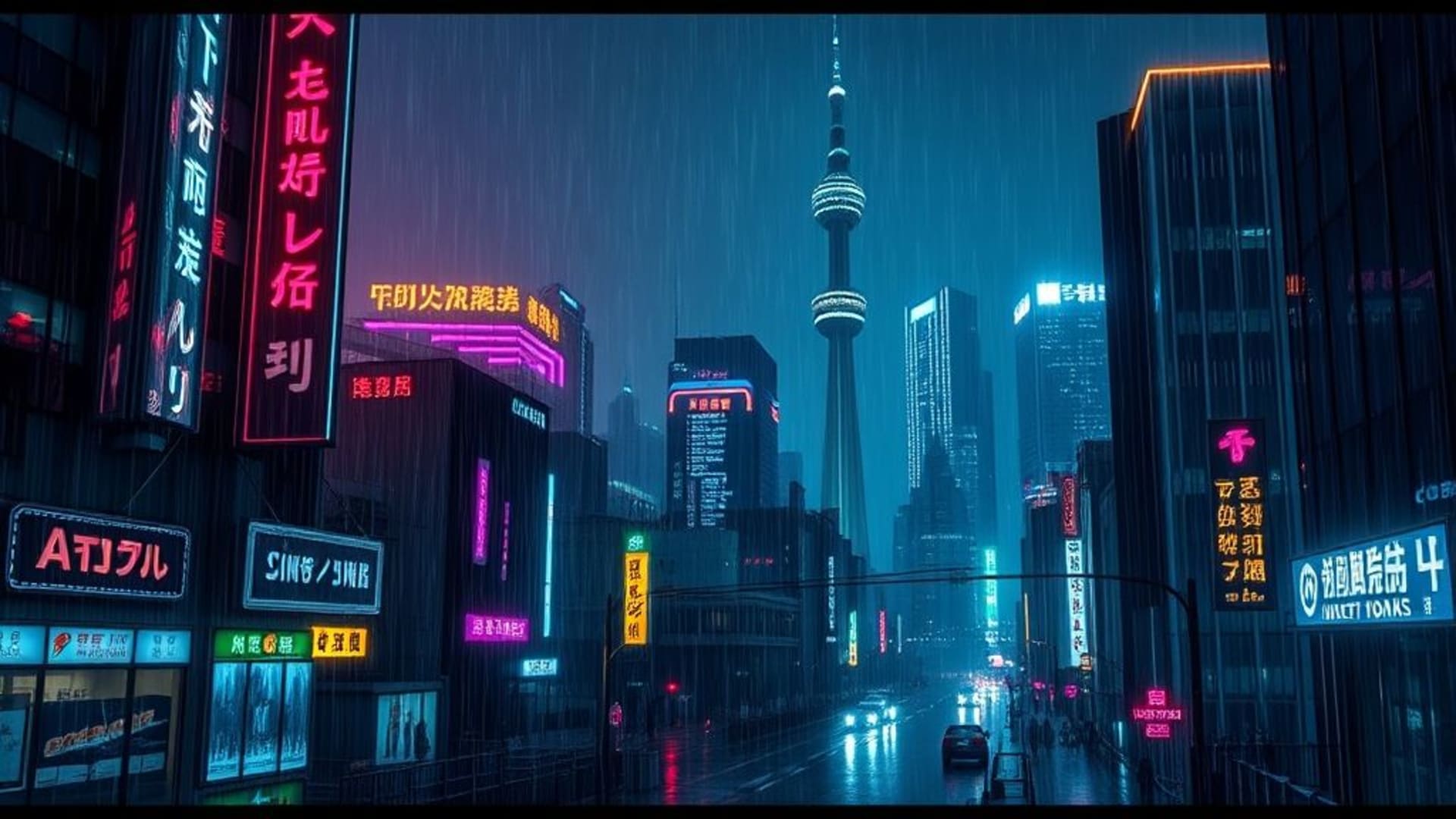 nuit de ville cyberpunk pluie néon reflets signalisation futuriste horizon towering ambiance sombre