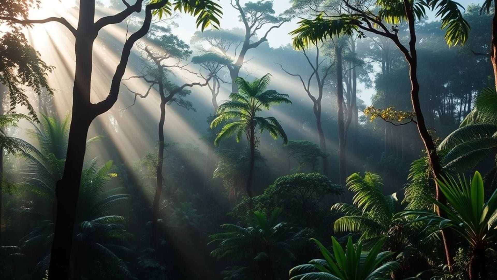 forêt forêt pluviale brume lumière du soleil à travers les arbres tropical luxuriant vert tapisseries paisible nature