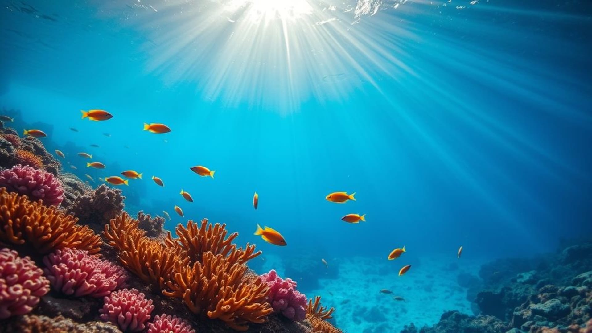 Barrière de corail sous-marine poissons tropicaux eau bleue rayons de soleil fond ecran vibrant