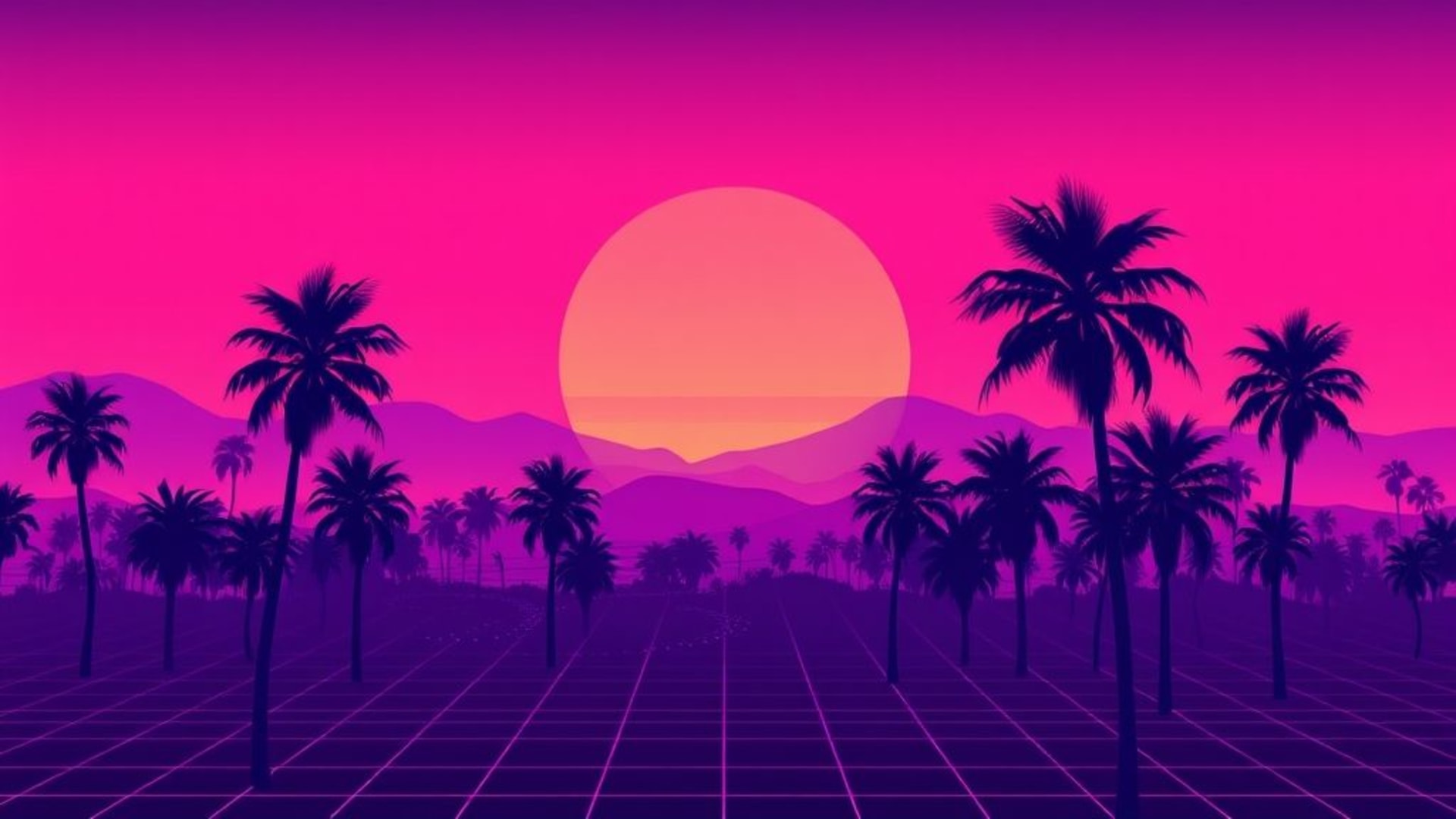 vaporwave rétro des années 80 coucher de soleil palmiers grille montagnes rose violet néon dégradé