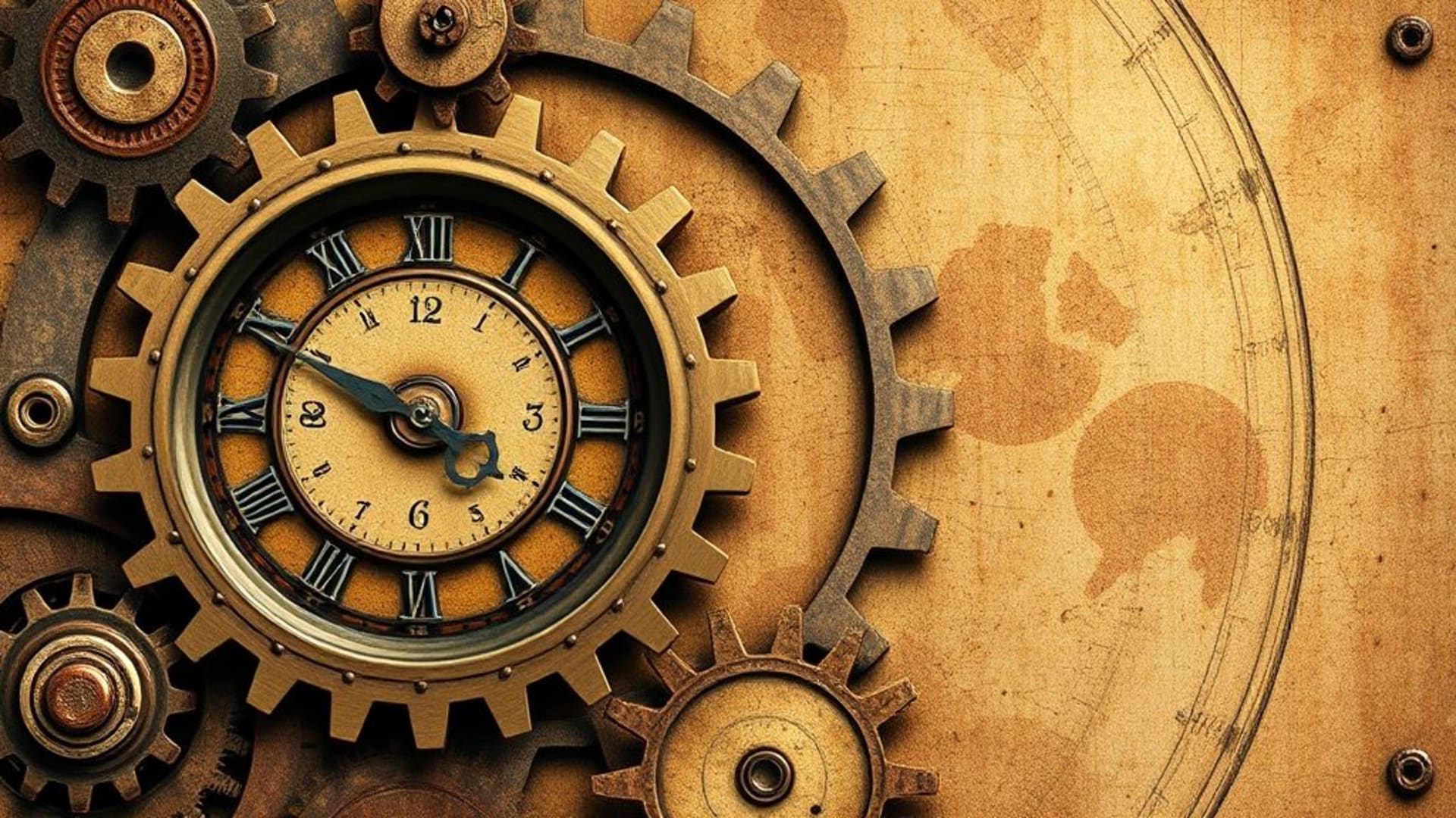 machine à engrenages steampunk horloge mécanique texture cuivre laiton fond ecran industriel vintage art mécanique
