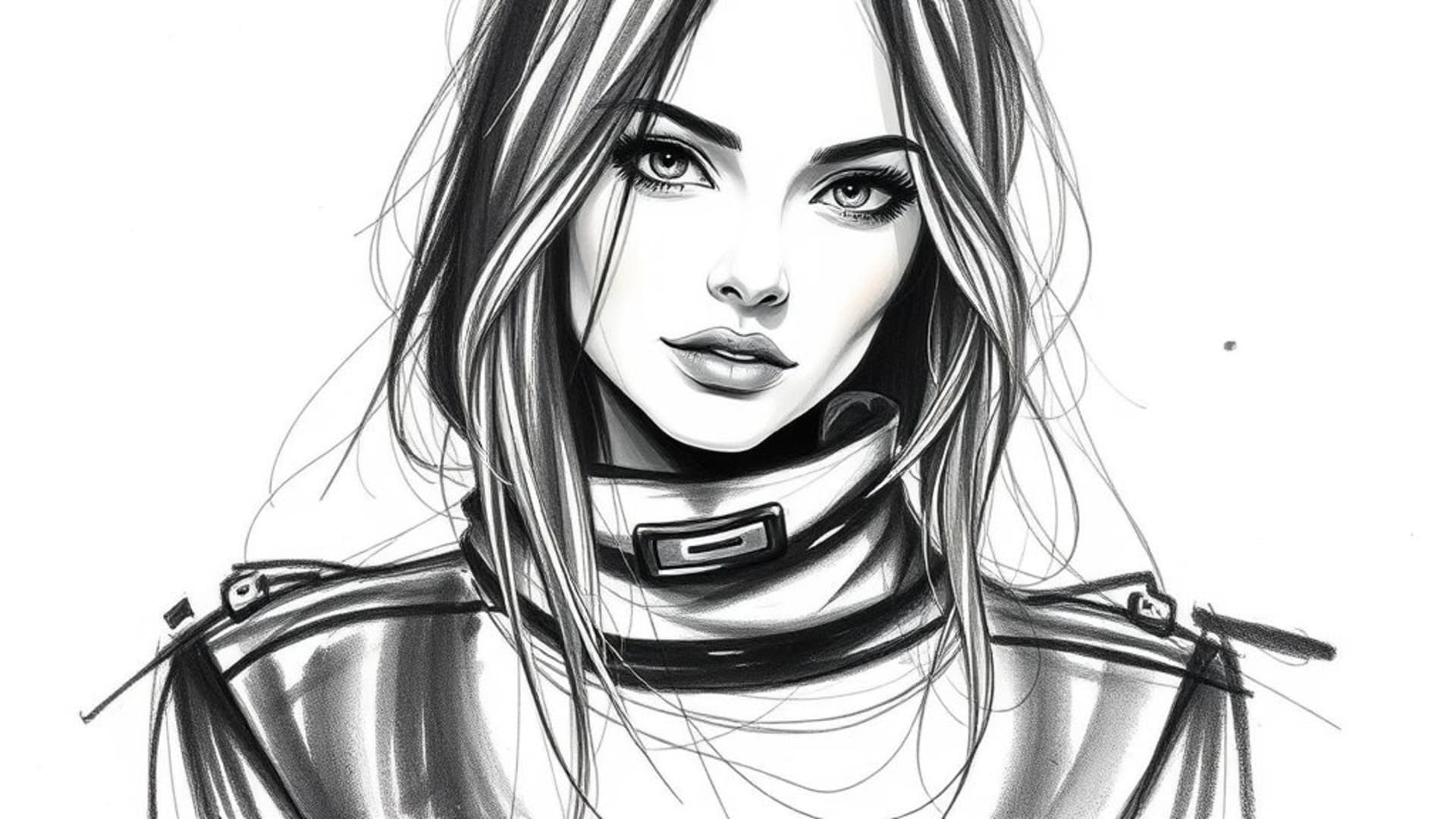 portrait en monochrome avec croquis au charbon, mode, fond ecran, dessin à la main, lignes organiques, ombrage