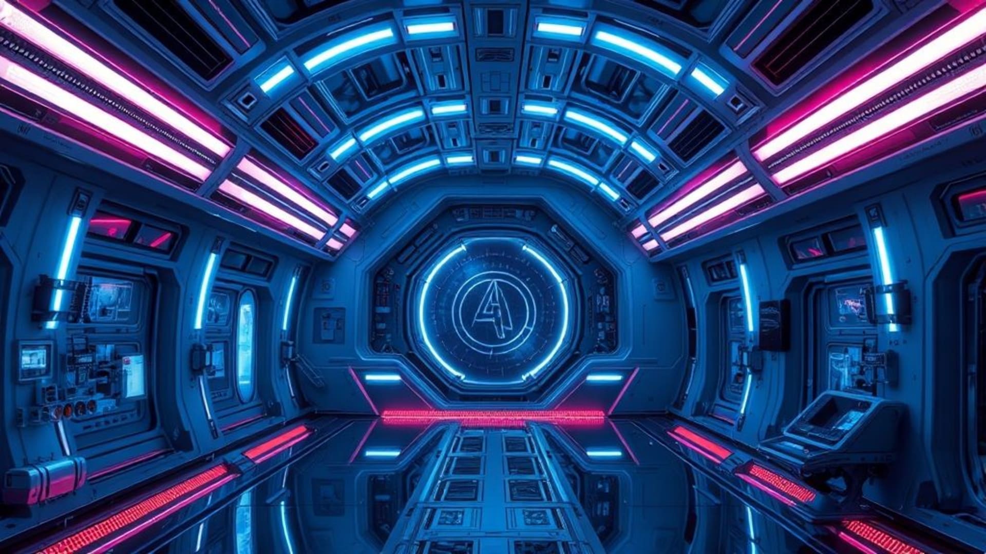 intérieur d'une station spatiale science-fiction réalisme néons bleus espace futuriste fond ecran