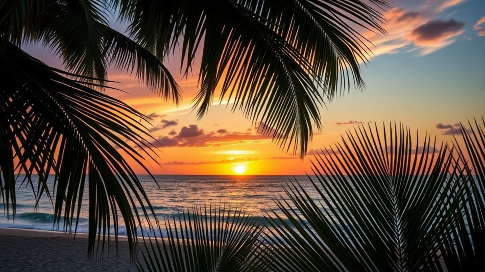coucher de soleil tropical plage feuilles de palmier brise marine dégradé doux fond d'écran