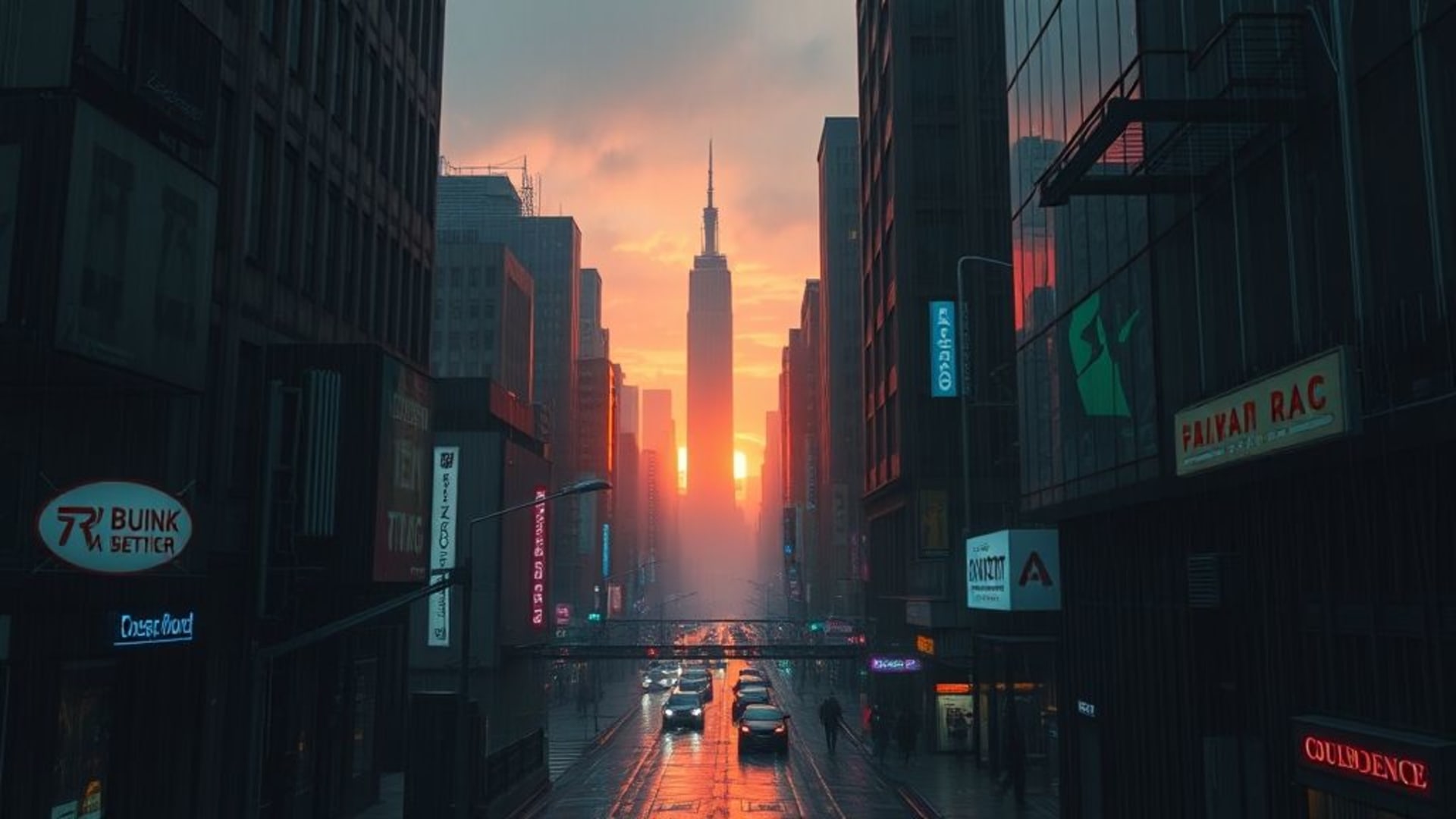 Paysage urbain cyberpunk lever du soleil rues trempées de pluie éclat de néon gratte-ciel ruelle mouillée crépuscule textures