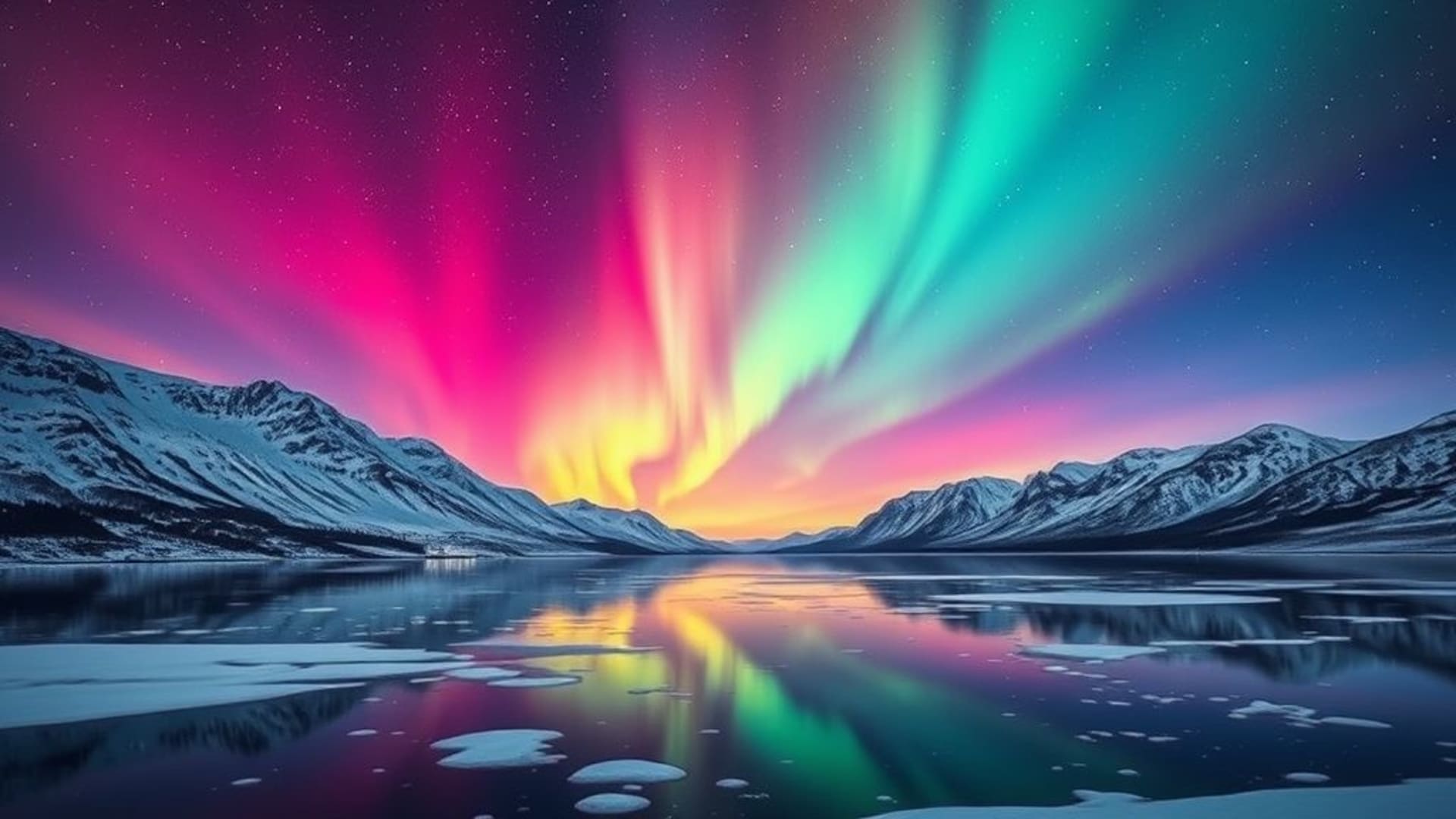 aurore sur montagnes lac reflet dégradé coloré fond d'écran lever de soleil calme nuit d'hiver