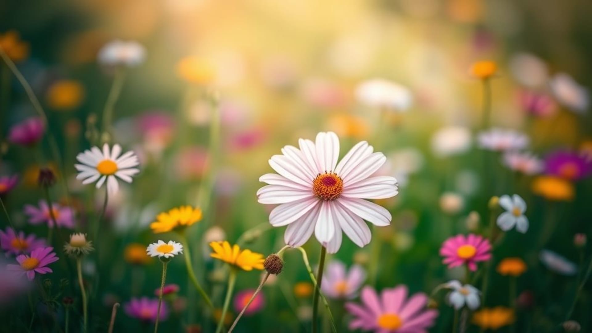 prairie de fleurs fleurs sauvages paysage coloré lumière du soleil flou fond ecran pastel doux onirique