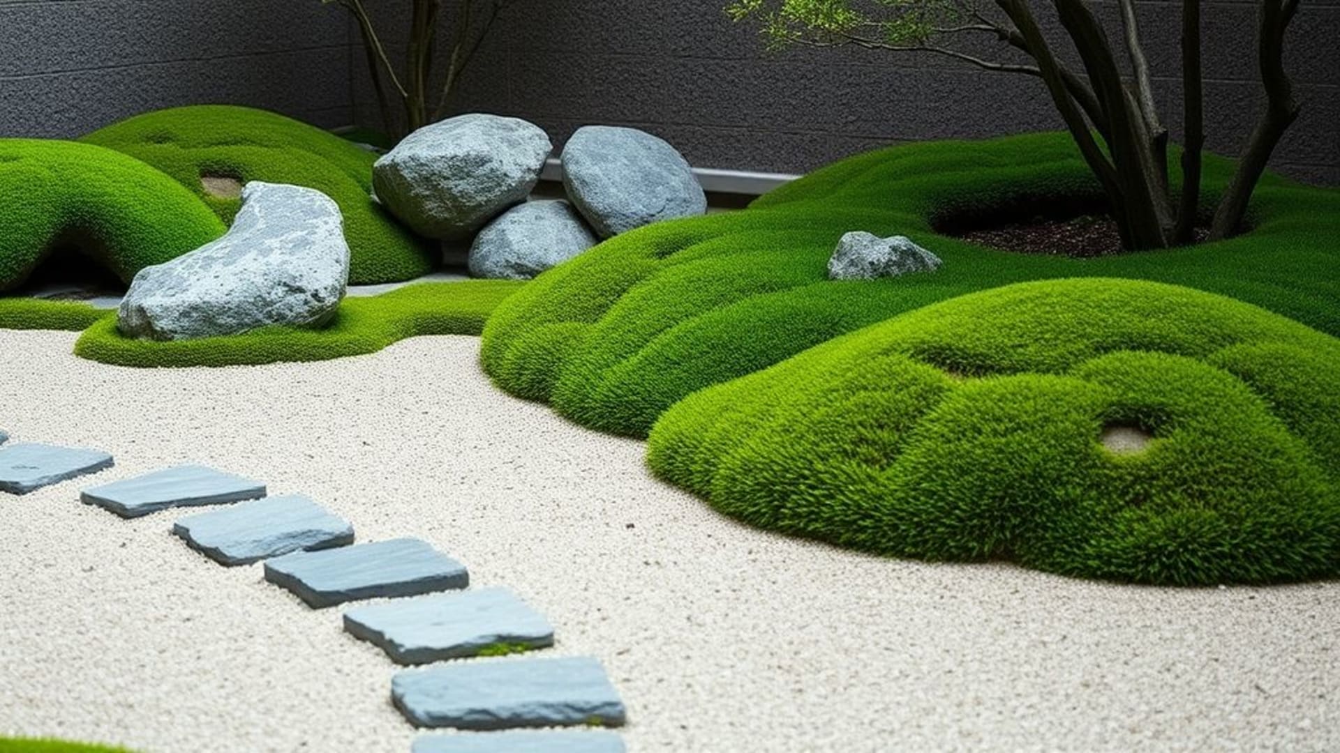 jardin zen mousse roche sable ratissé minimal calme fond ecran chemin en pierre