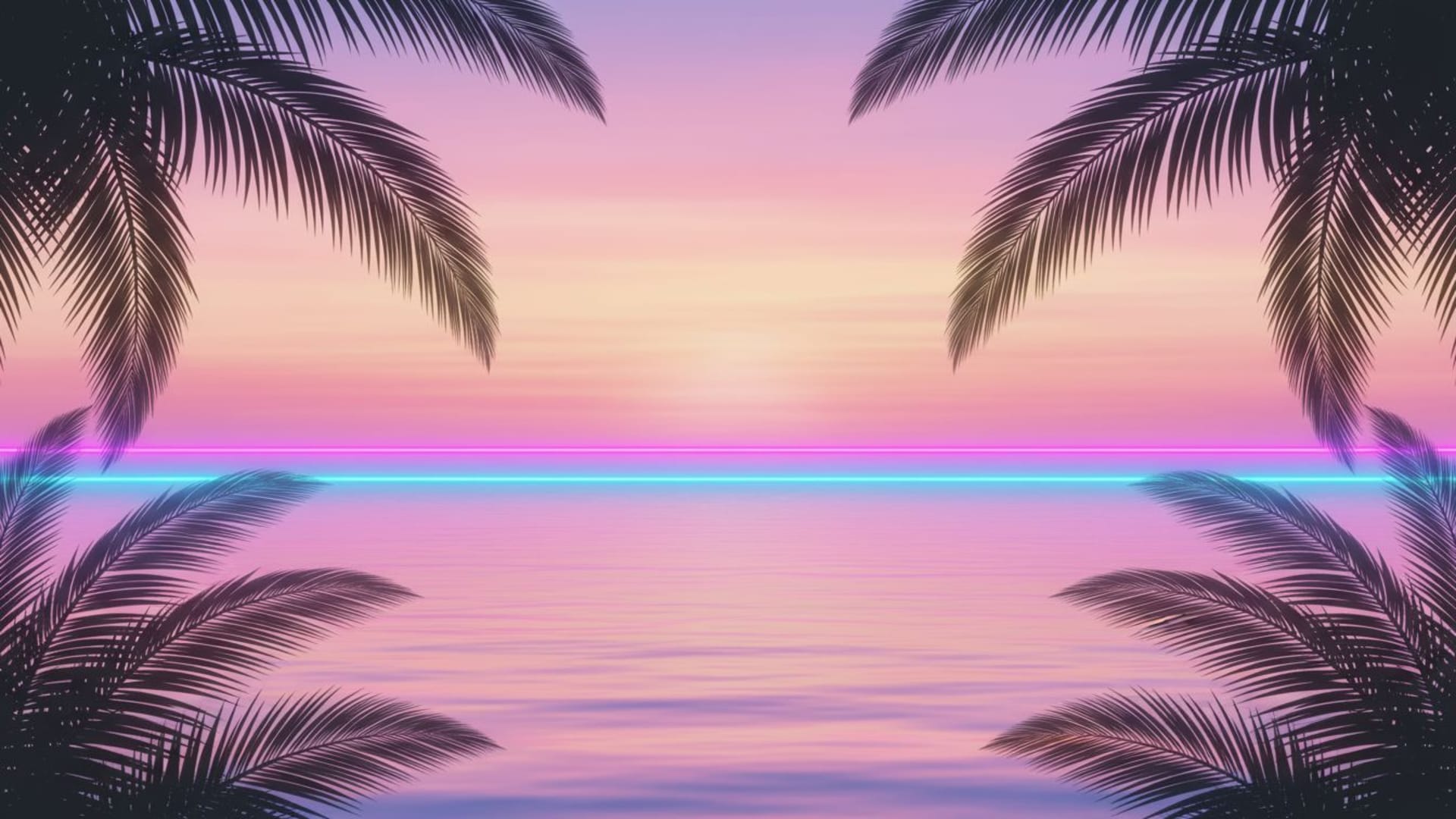 Dégradé de coucher de soleil sur la mer, horizon tropical, ambiance tropicale, feuilles de palmier, fond ecran, calme, pastel doux et néon.