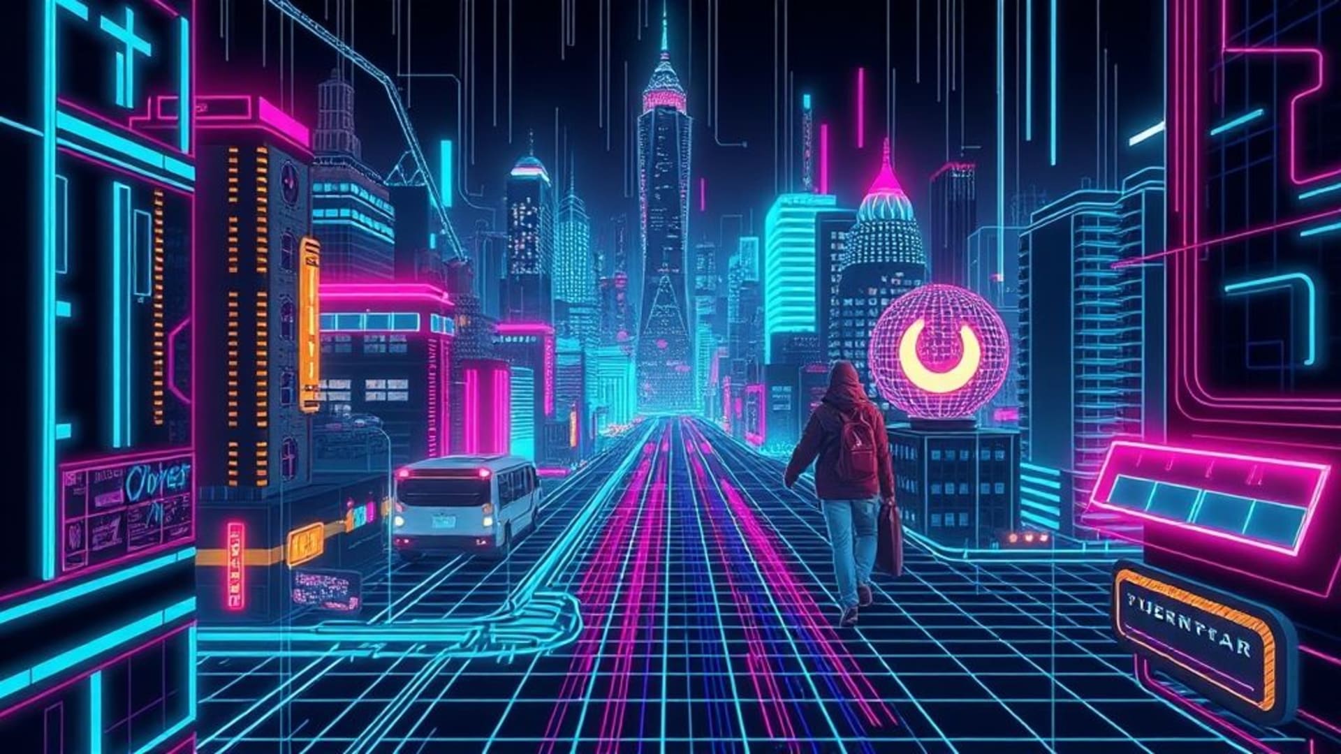 motif de grille de néon de ville à minuit cyberpunk fond ecran lignes numériques