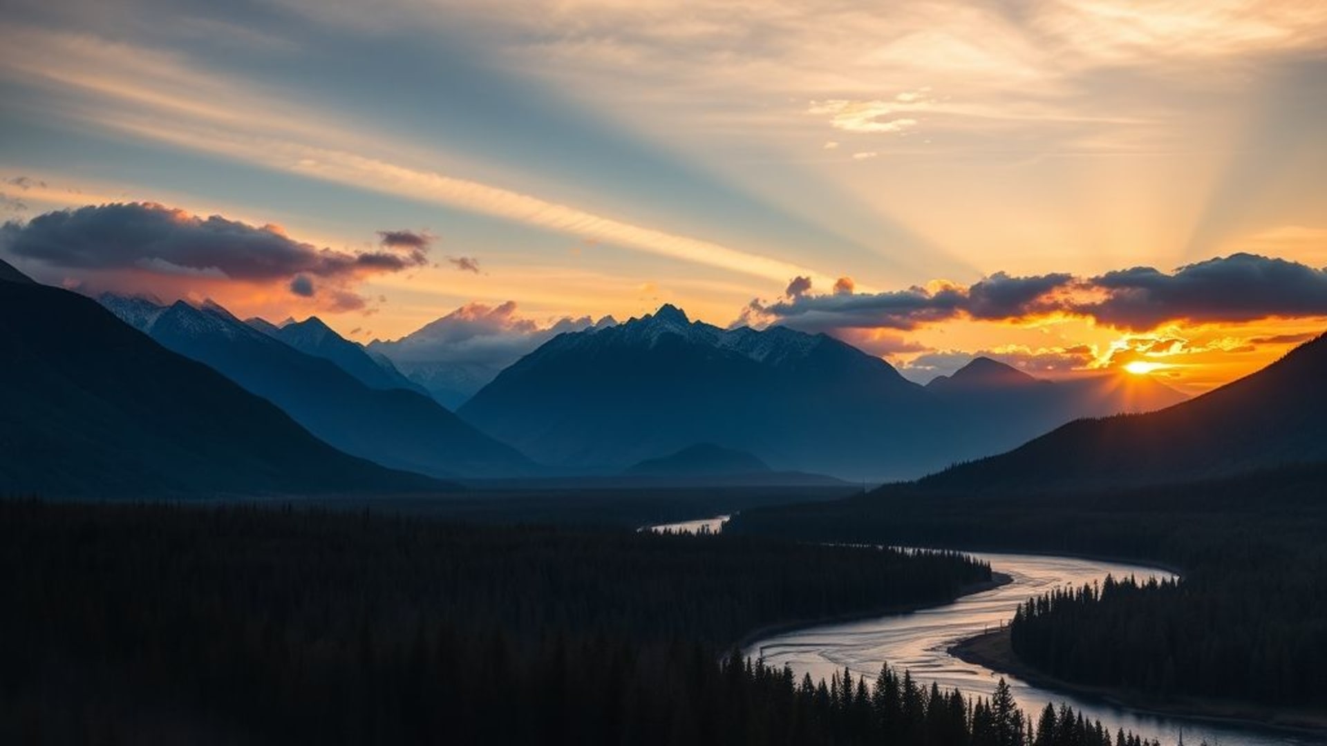coucher de soleil montagnes rivière forêt silouhette paisible fond d'écran hd nature panoramique paysages nuages heure dorée calme vaste paysage