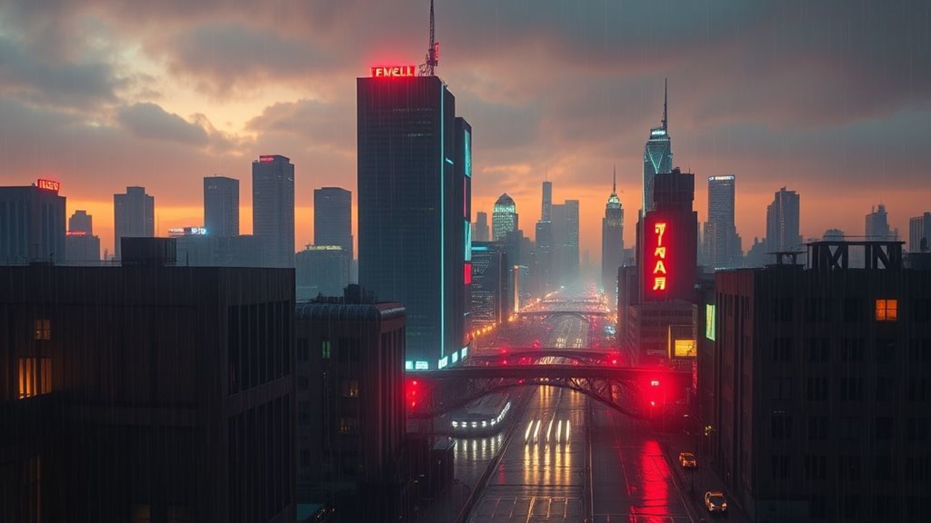 ville cyberpunk pluie néon reflets horizon futuriste crépuscule lueur mood cinématographique
